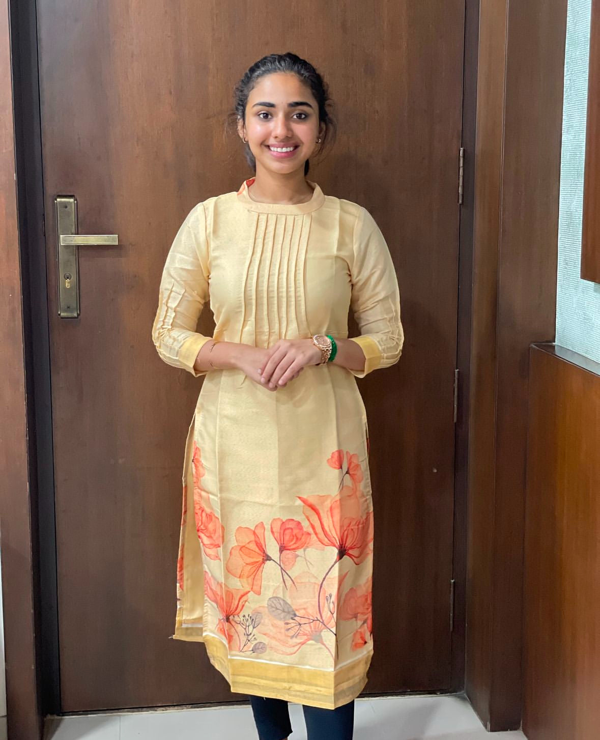 cream tissue kurti with floral print