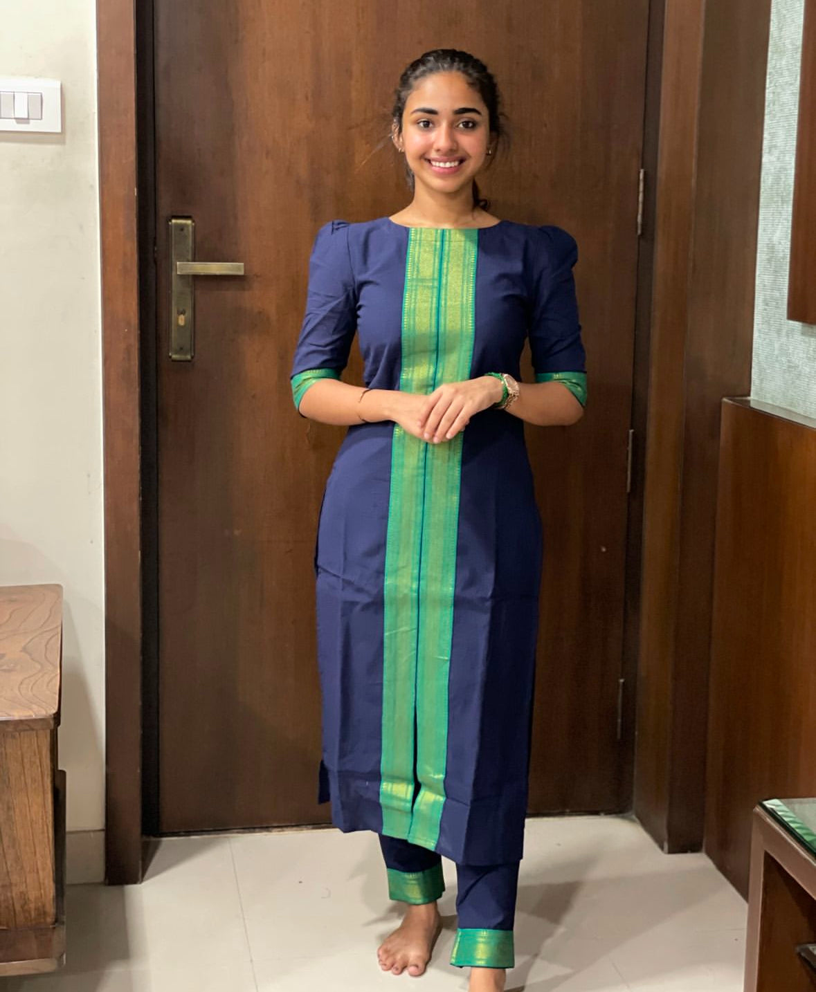 kanchi cotton dress designs Kanchi Cotton Suit Set With Zari Weaving And South Indian Cultural Design at 1605.00 | Ladies Suits