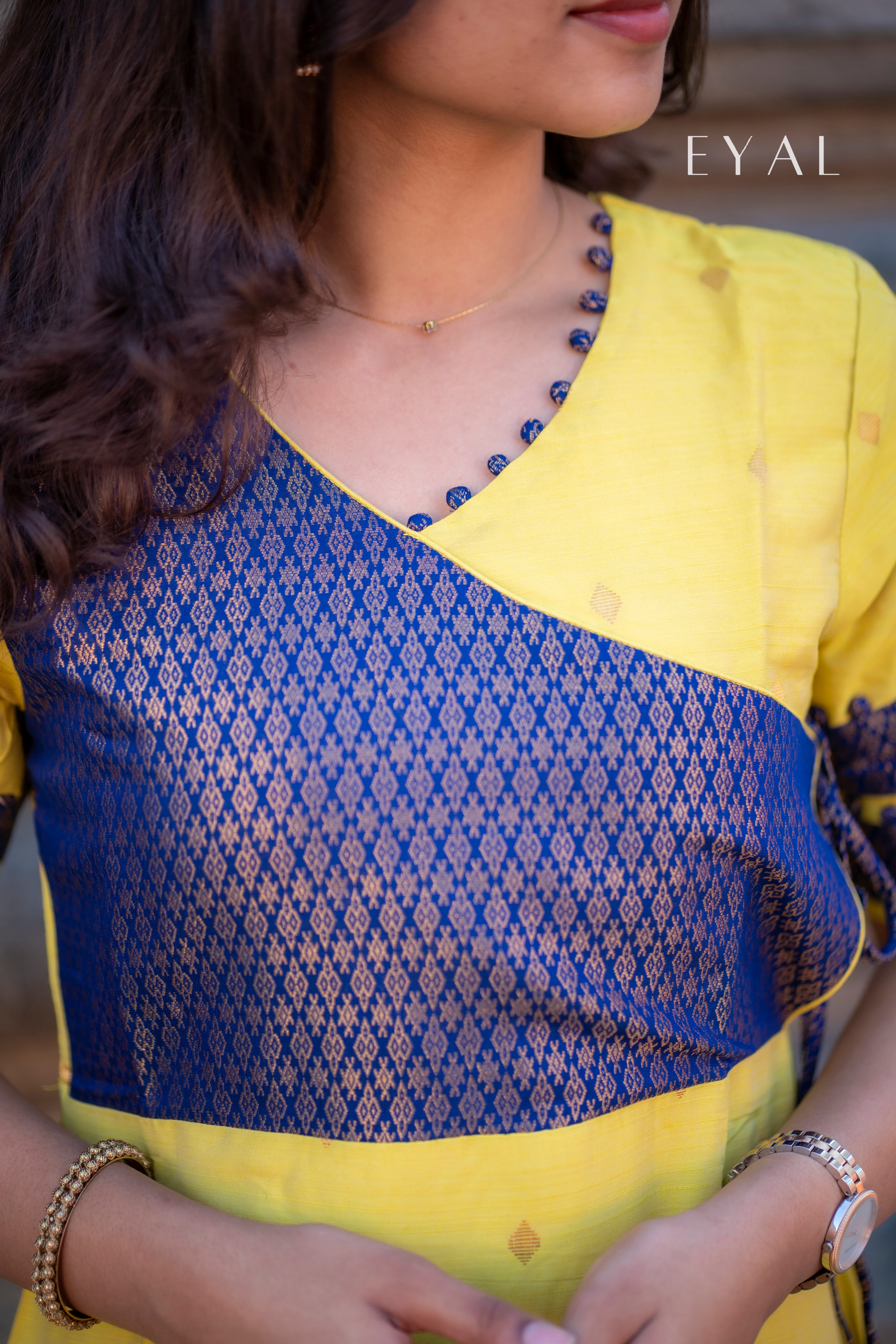 Yellow raw silk gown with blue banaras yoke -1294
