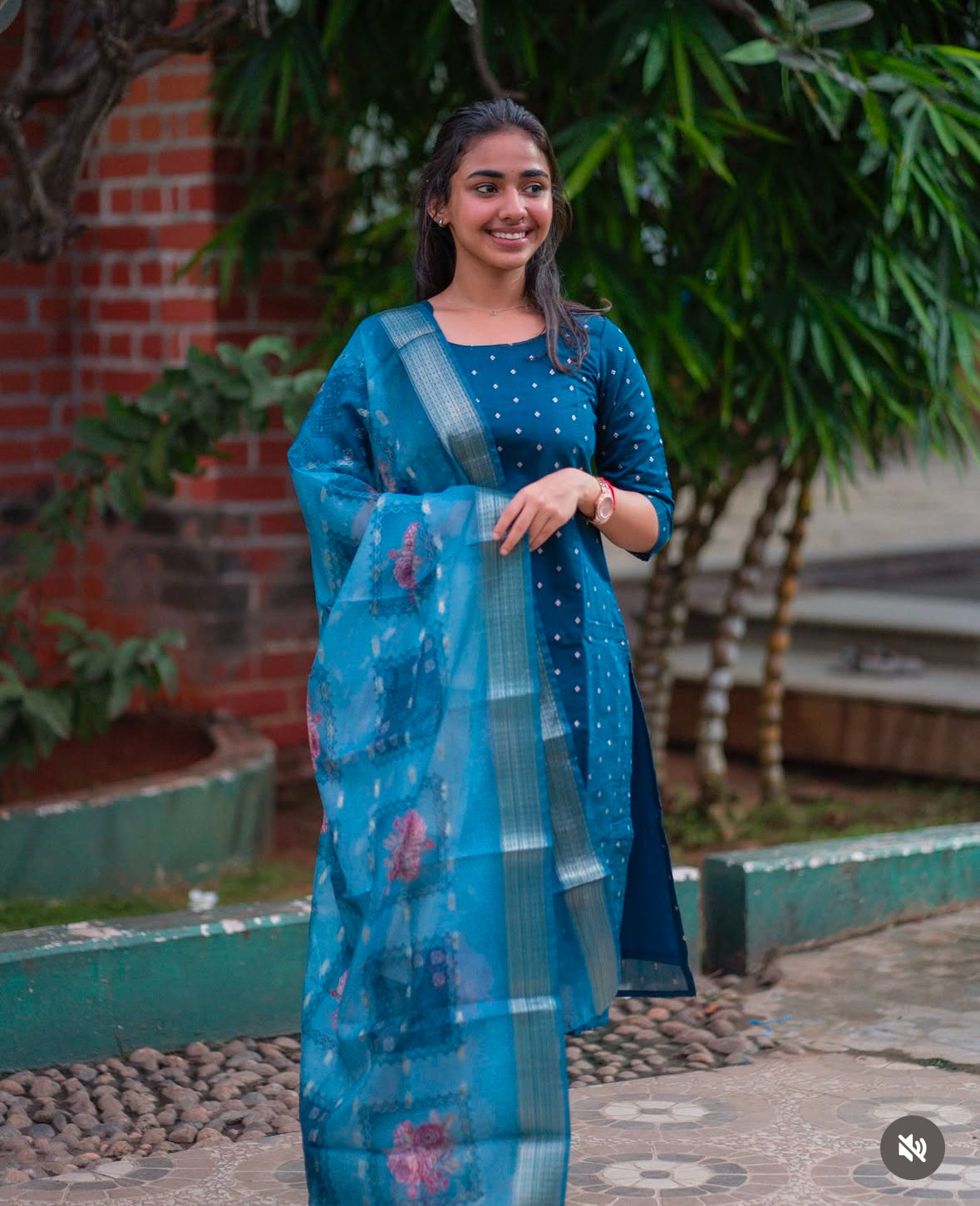 Blue banaras kurti with organza duppatta - 1378