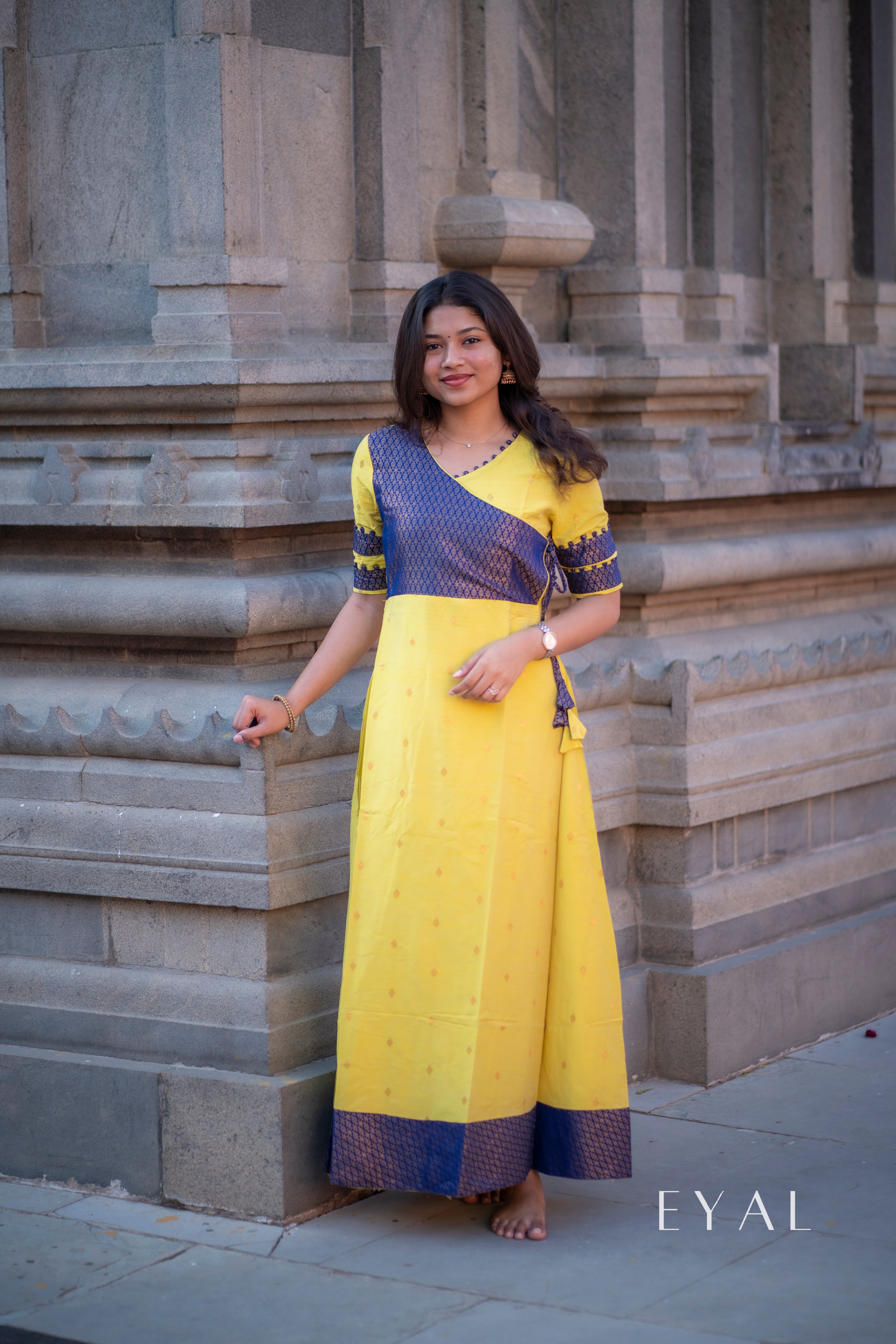 Yellow raw silk gown with blue banaras yoke -1294
