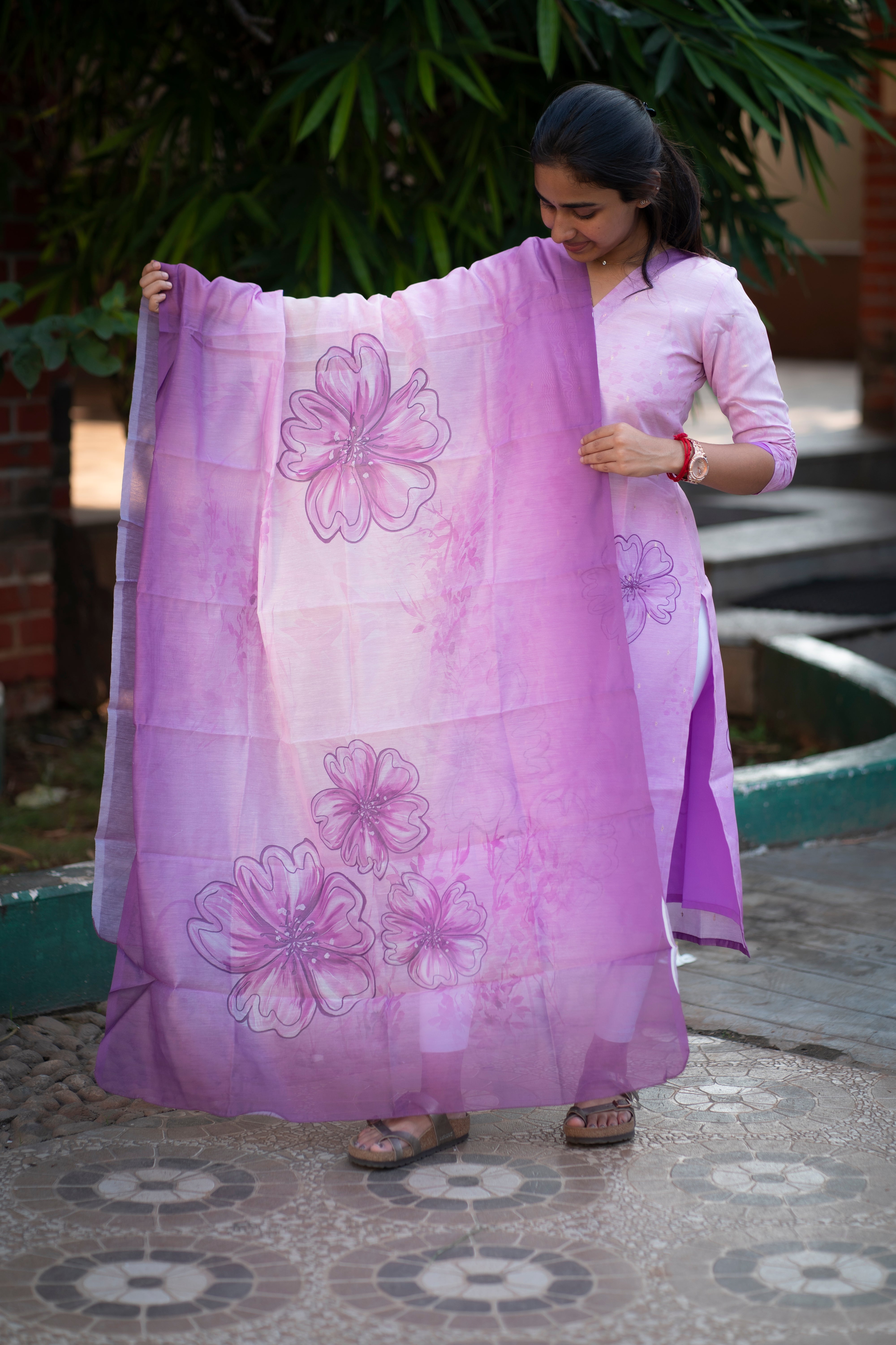 Lilac ombre floral kurti with duppatta-1371