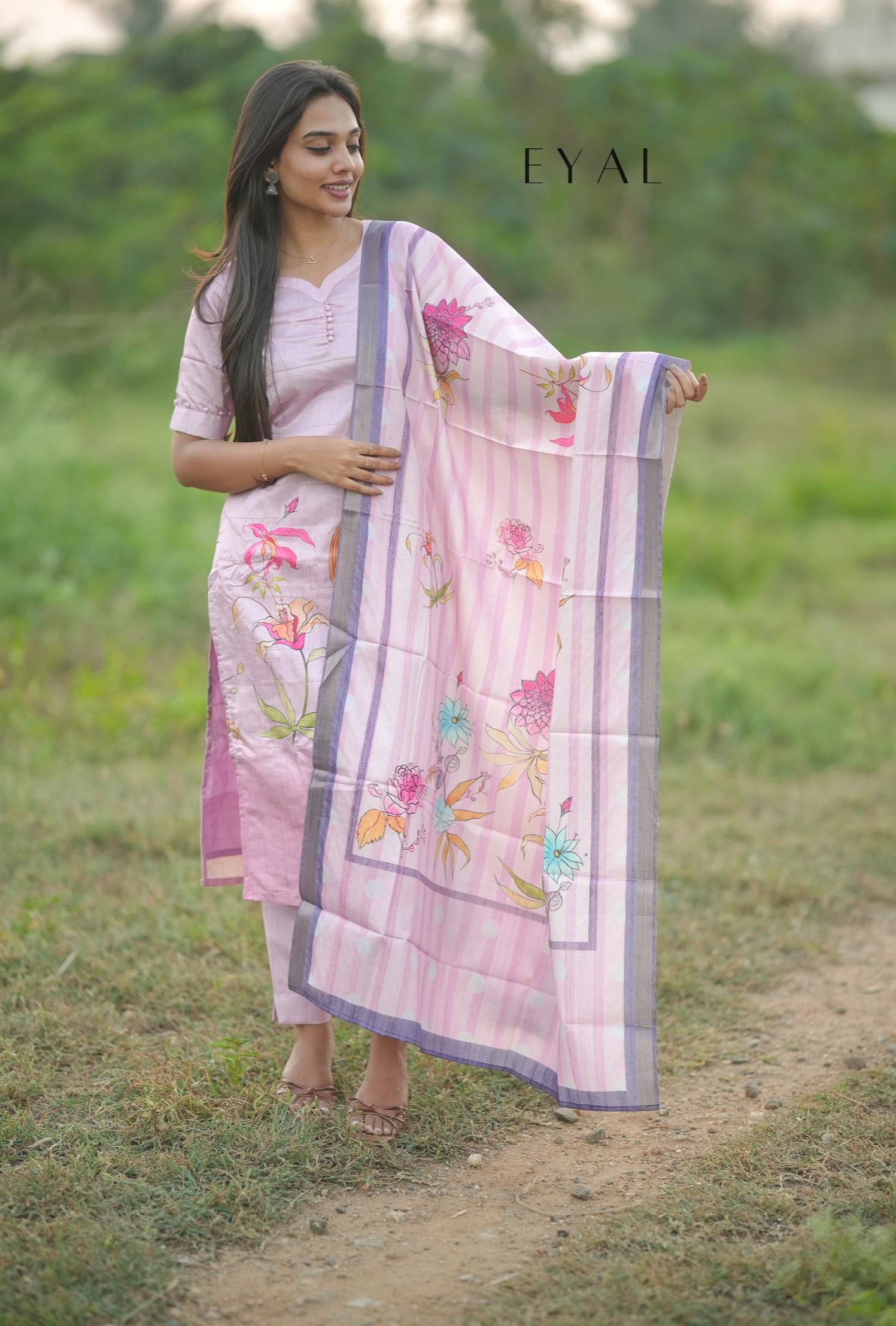 Pink floral Tussar kurta set