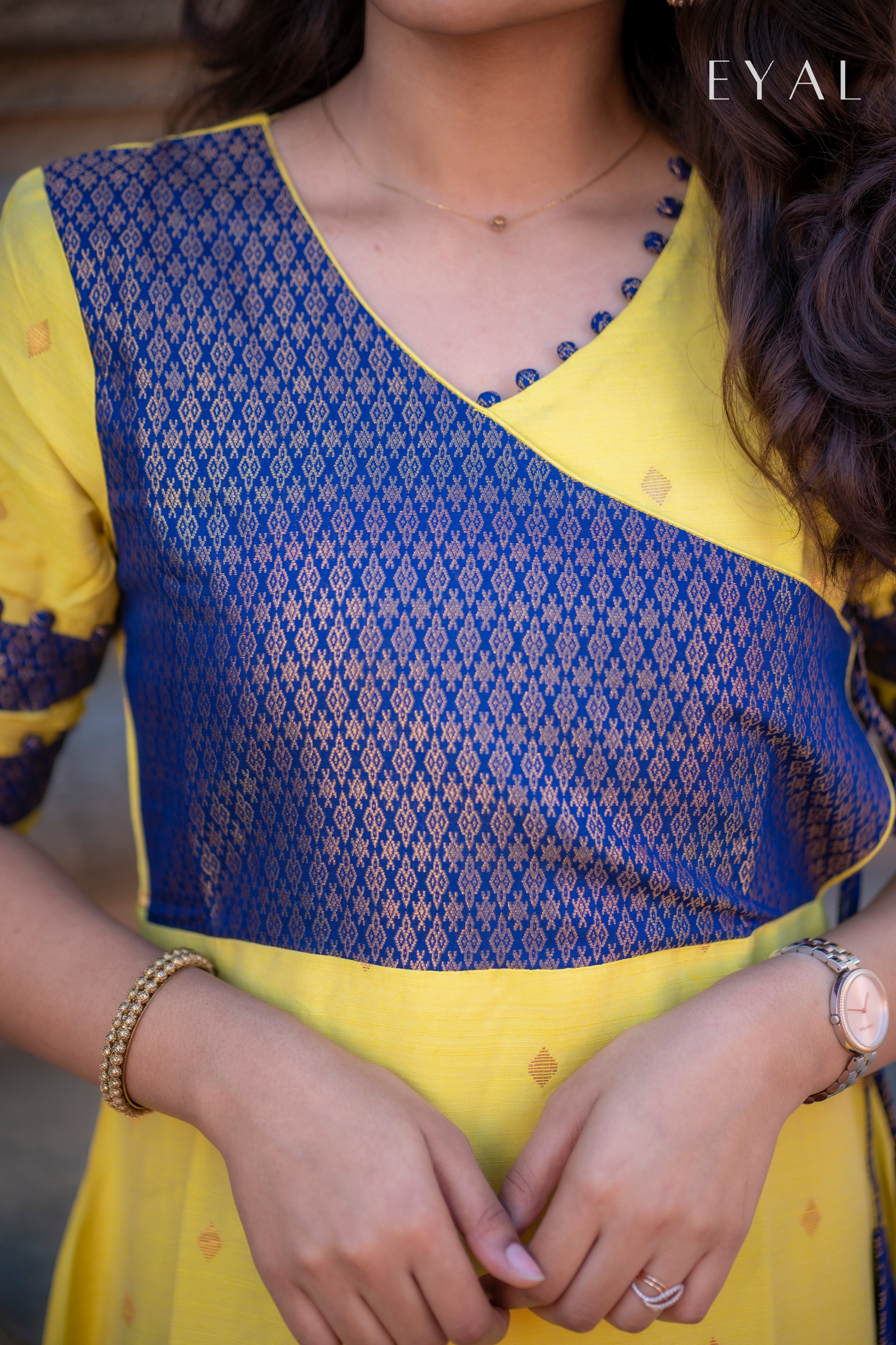 Yellow raw silk gown with blue banaras yoke -1294