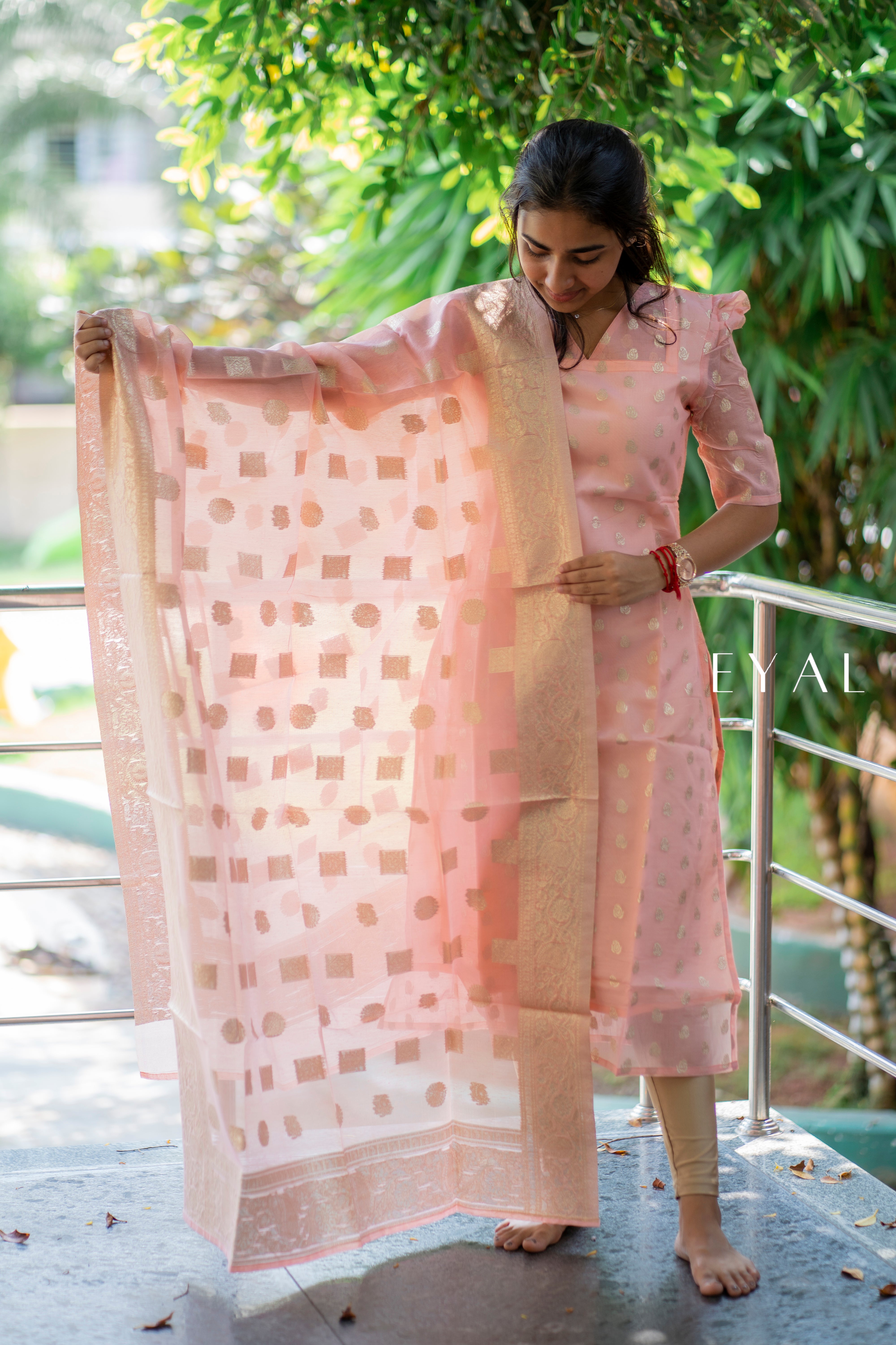 Peach brocade kurti with duppatta-1336