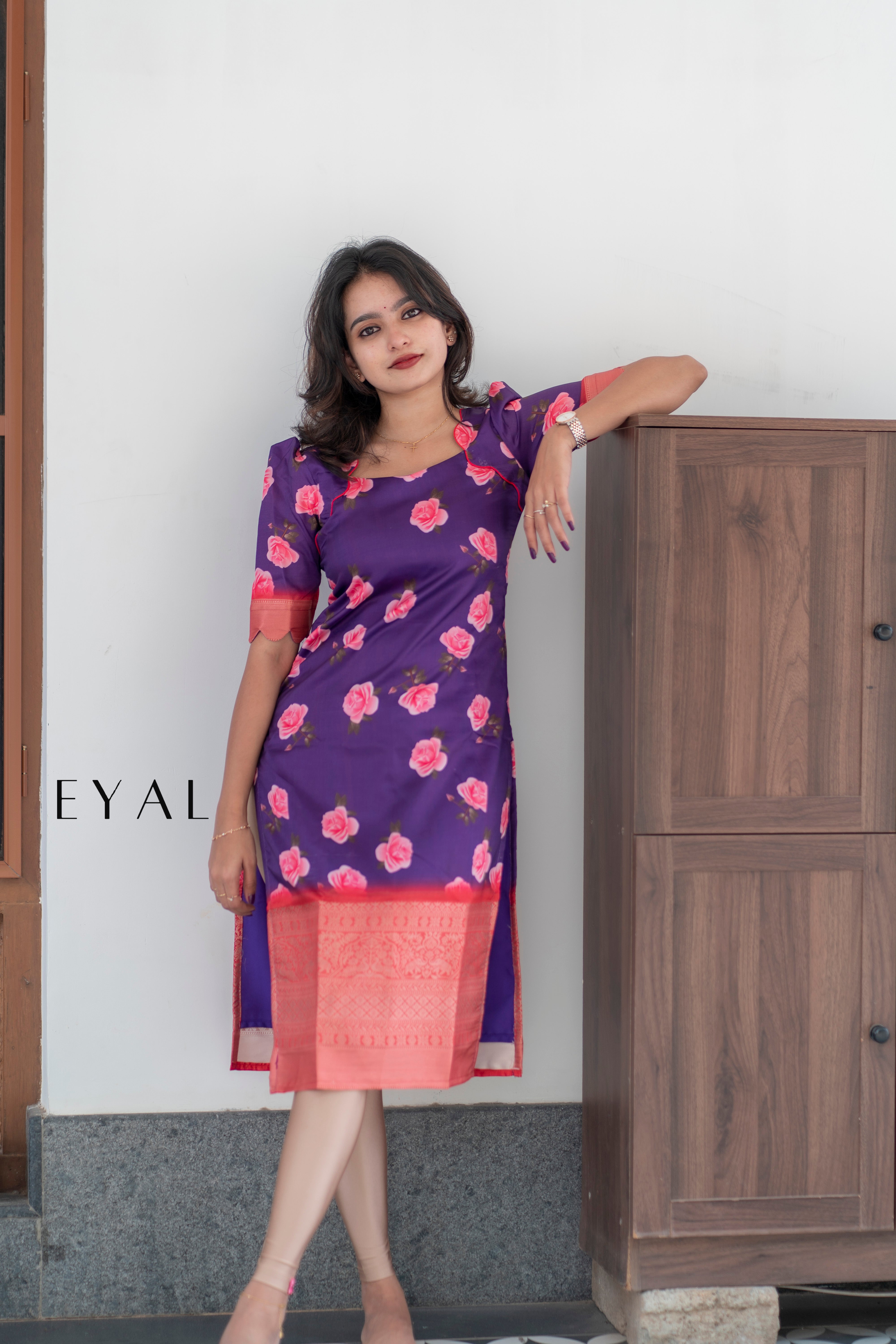 Floral silk kurti with jacquard border -1428