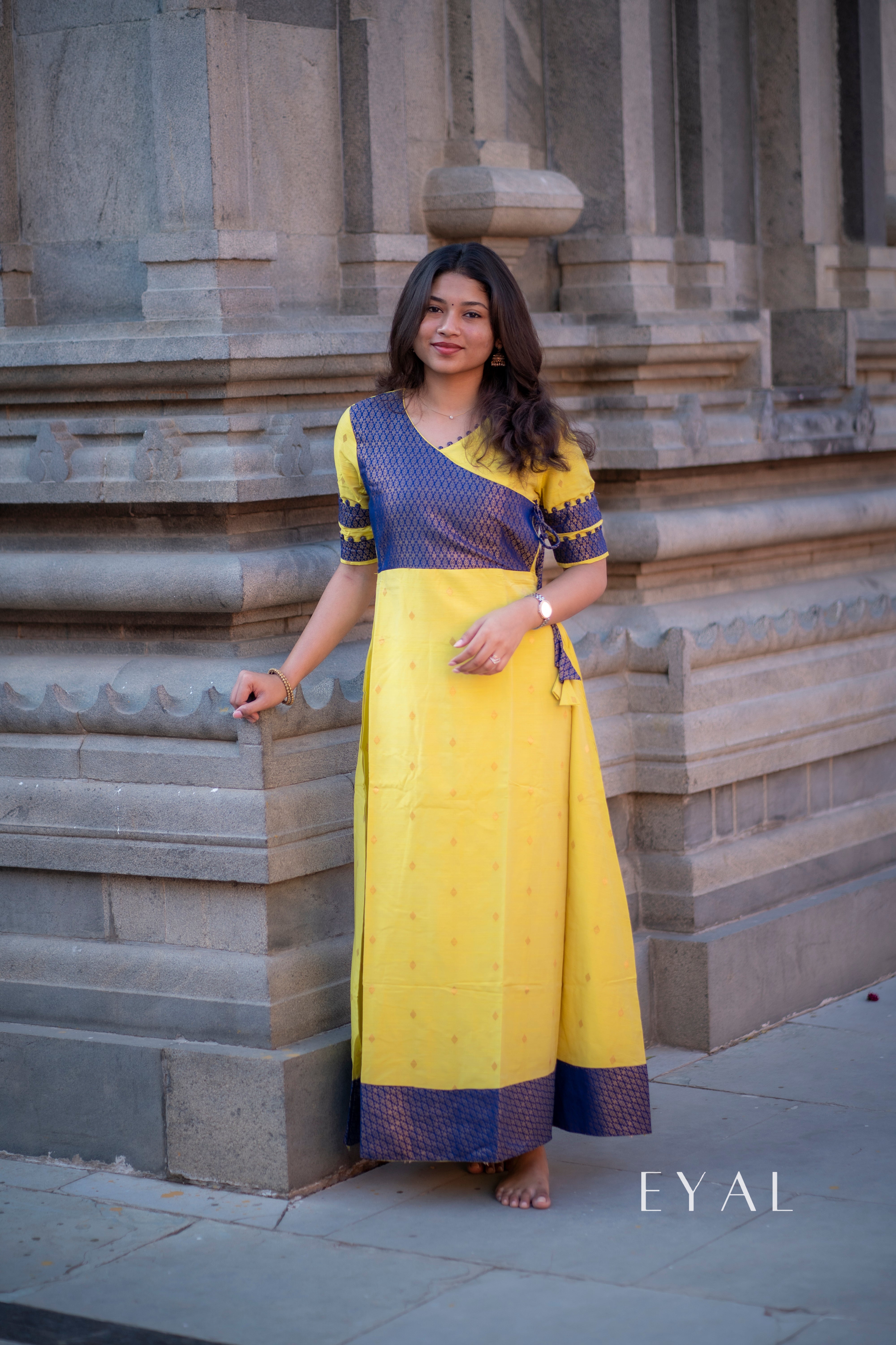 Yellow raw silk gown with blue banaras yoke -1294