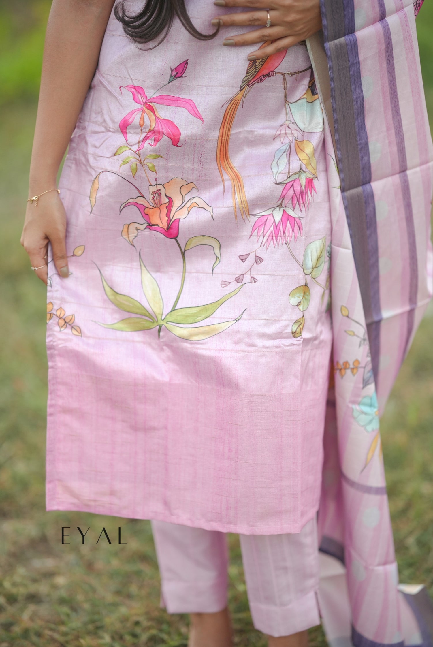Pink floral Tussar kurta set