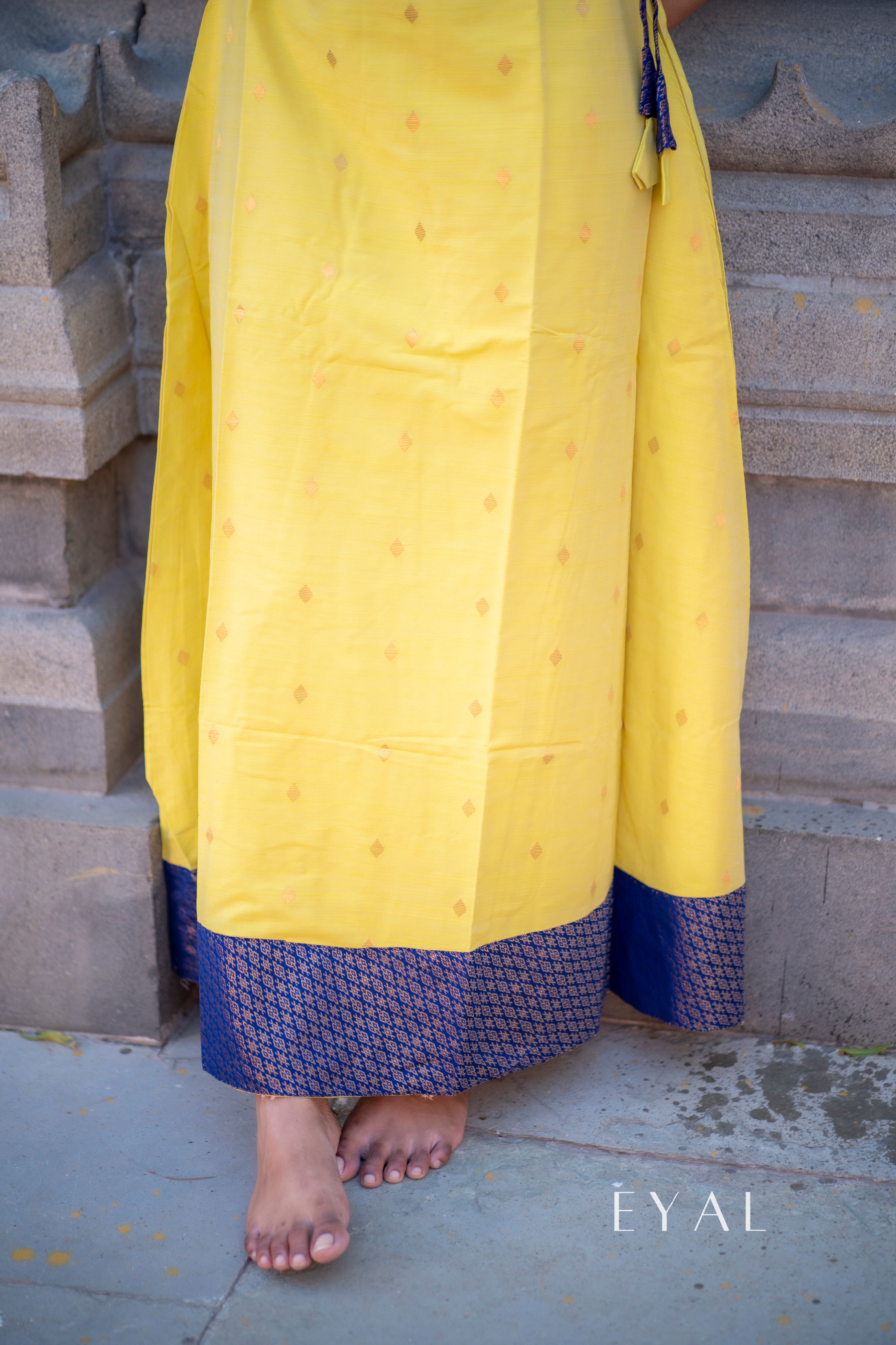 Yellow raw silk gown with blue banaras yoke -1294