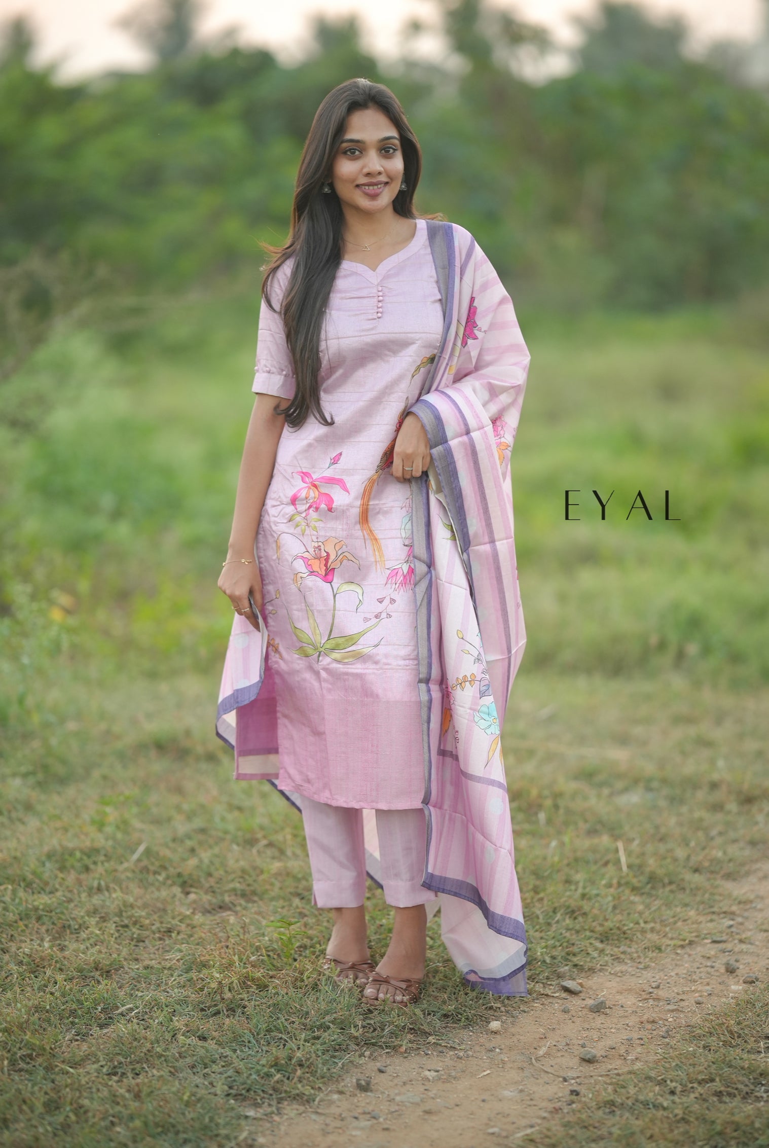 Pink floral Tussar kurta set