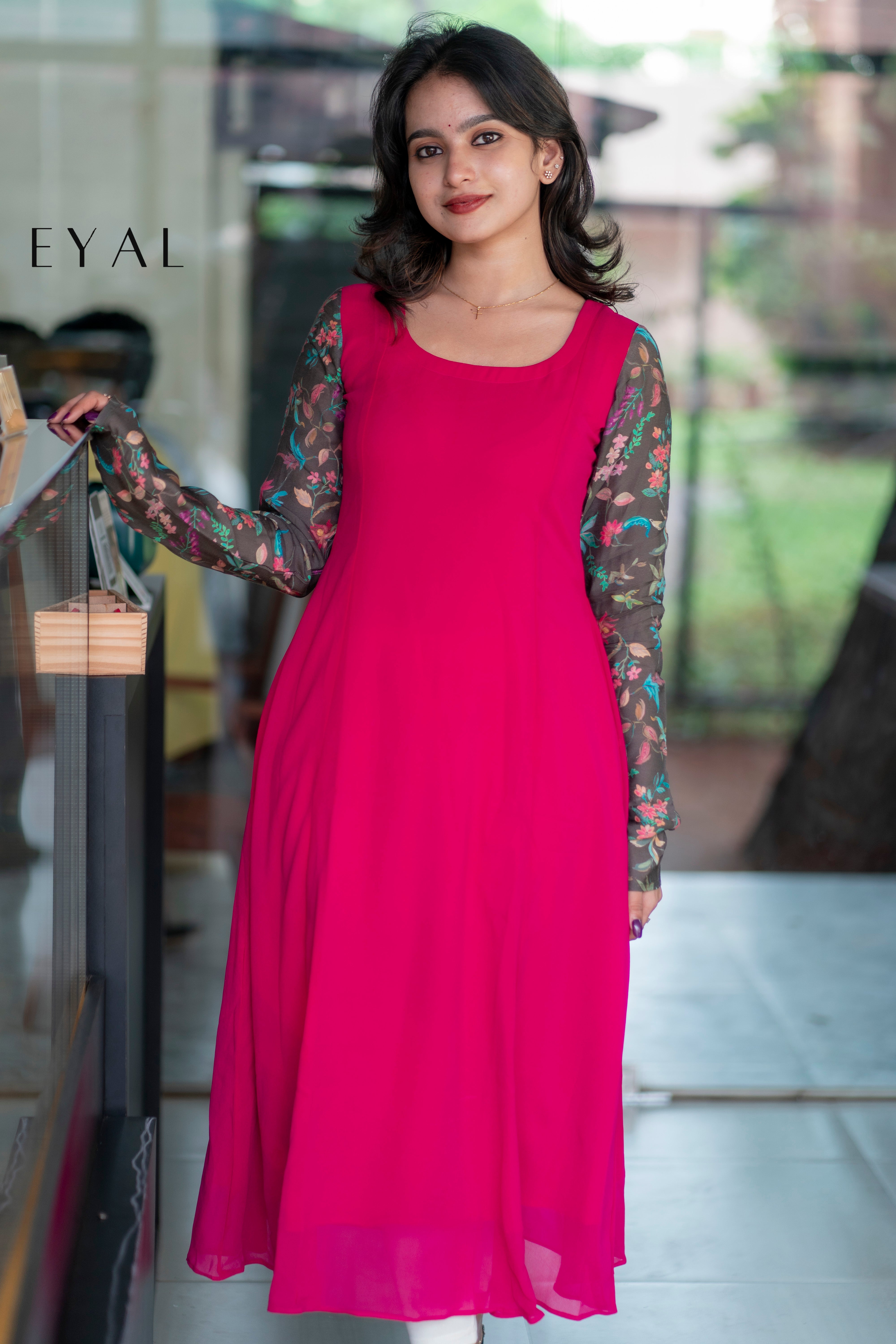 Georgette kurti with silk printed sleeves