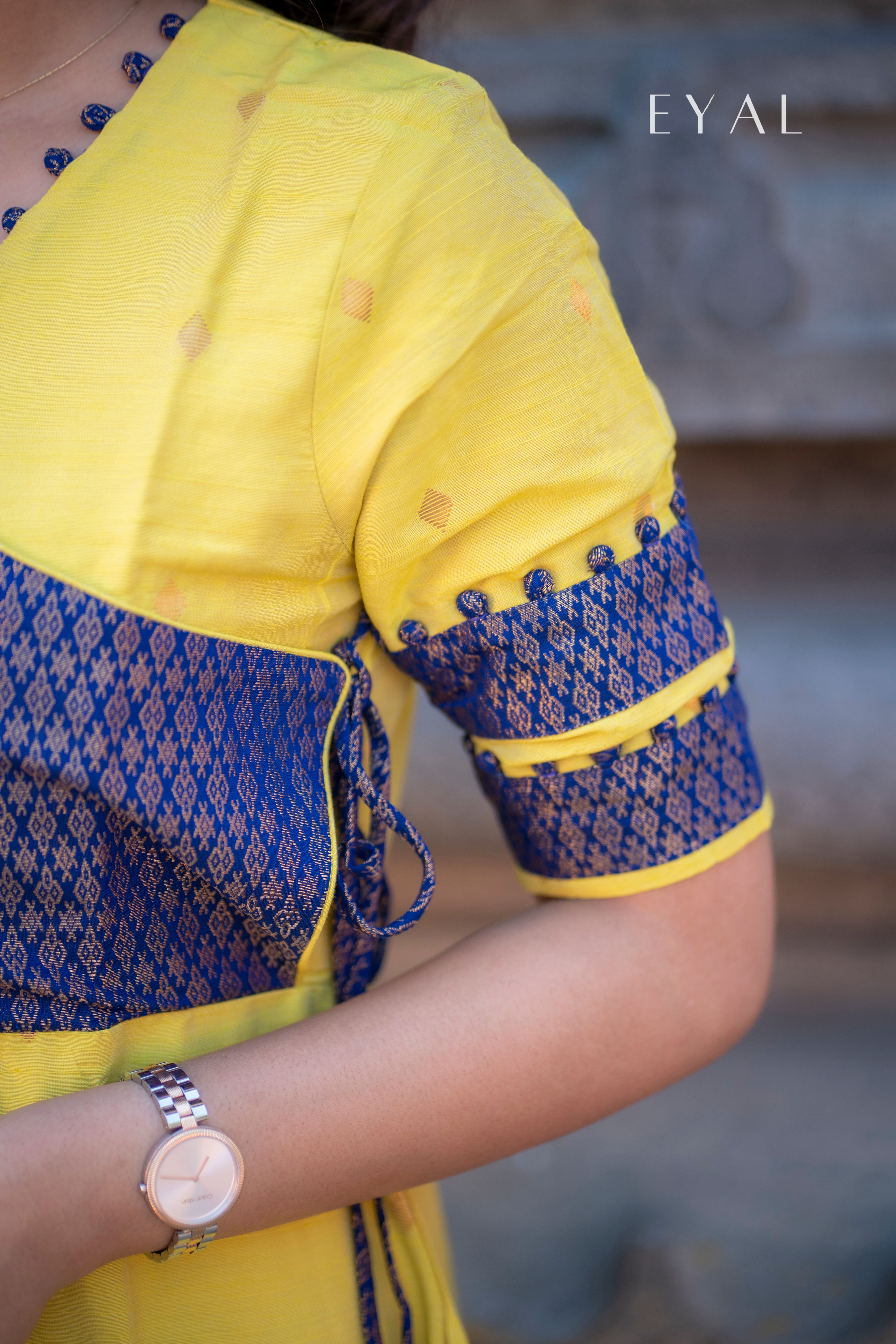 Yellow raw silk gown with blue banaras yoke -1294