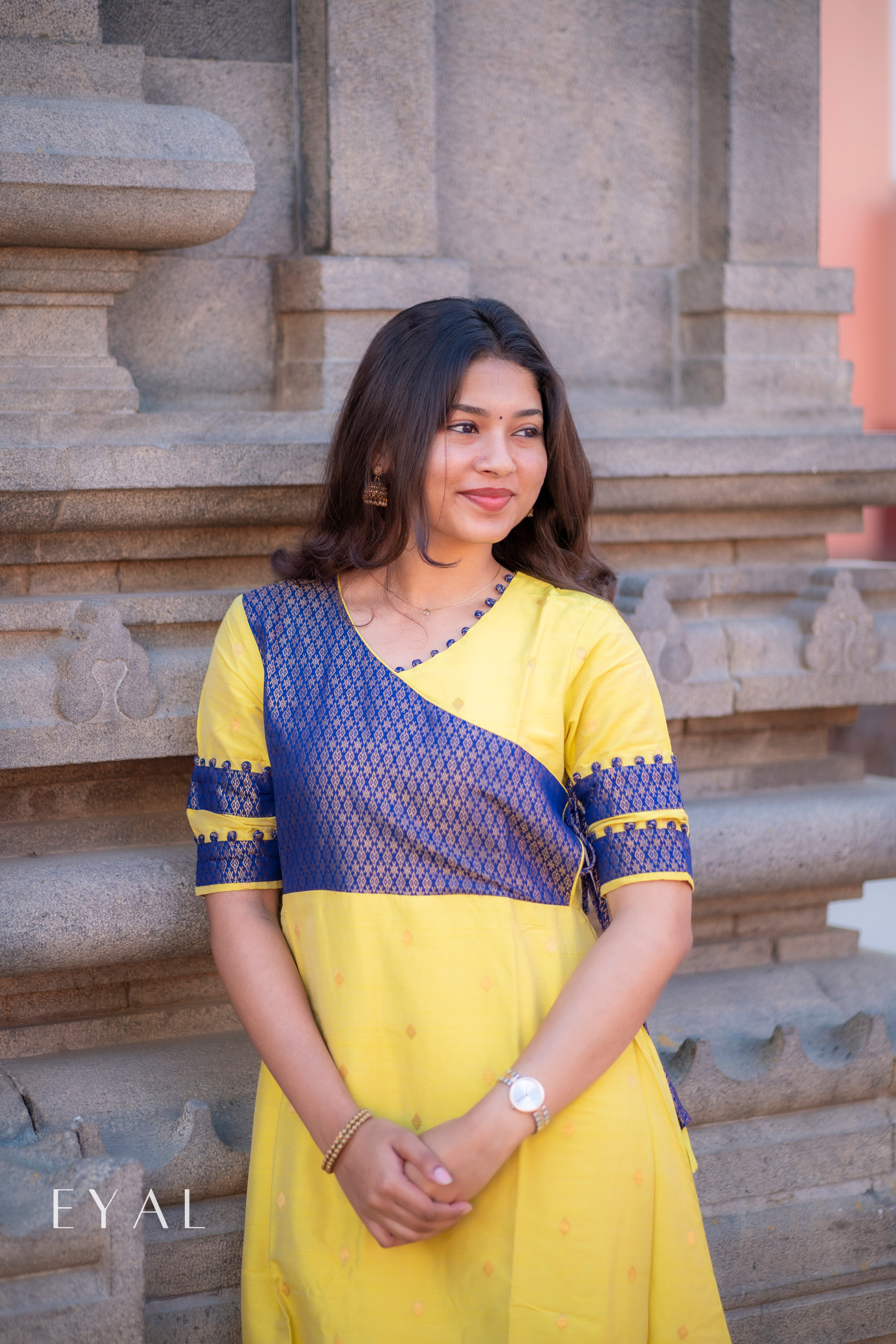Yellow raw silk gown with blue banaras yoke -1294