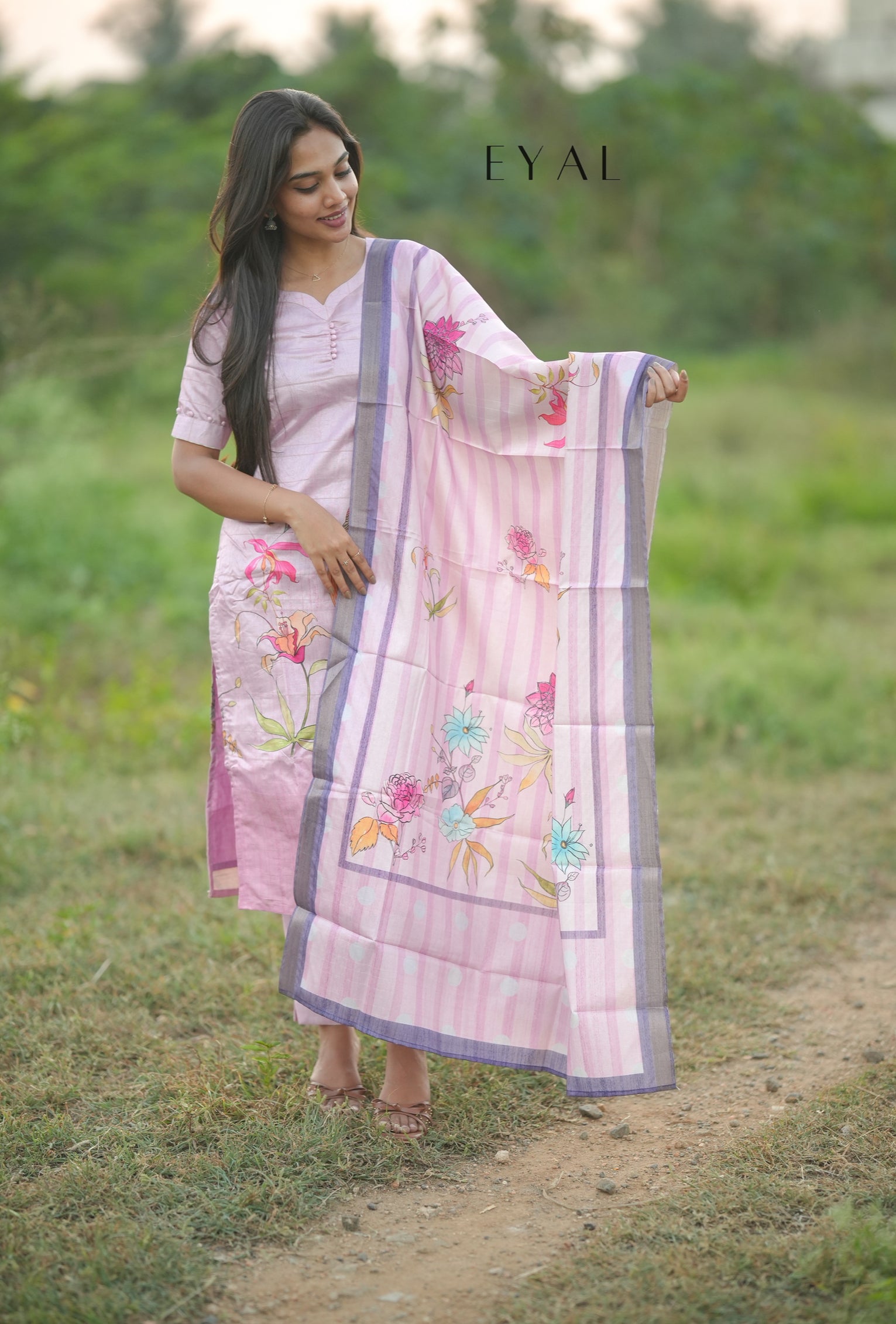 Pink floral Tussar kurta set