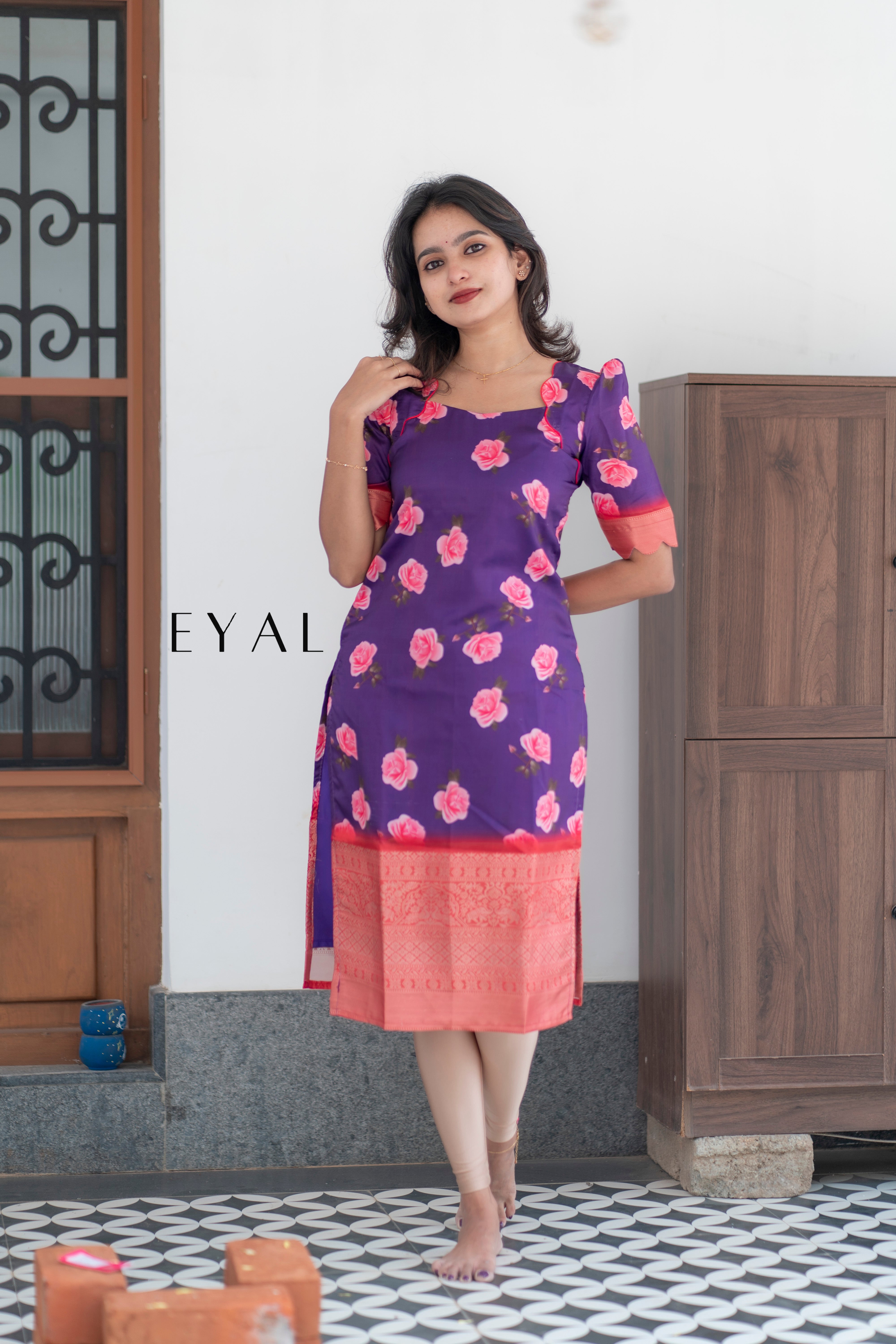 Floral silk kurti with jacquard border -1428