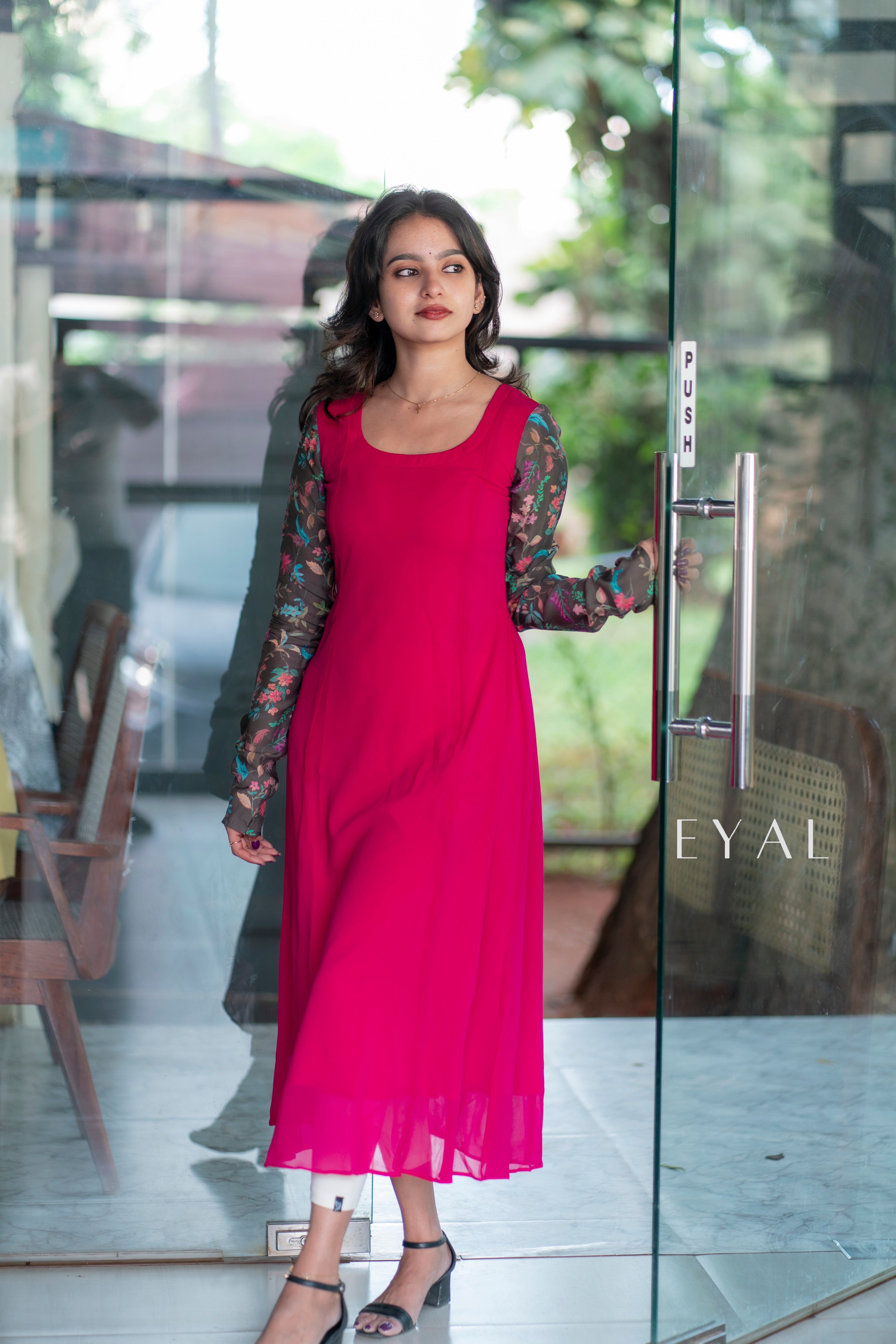 Georgette kurti with silk printed sleeves