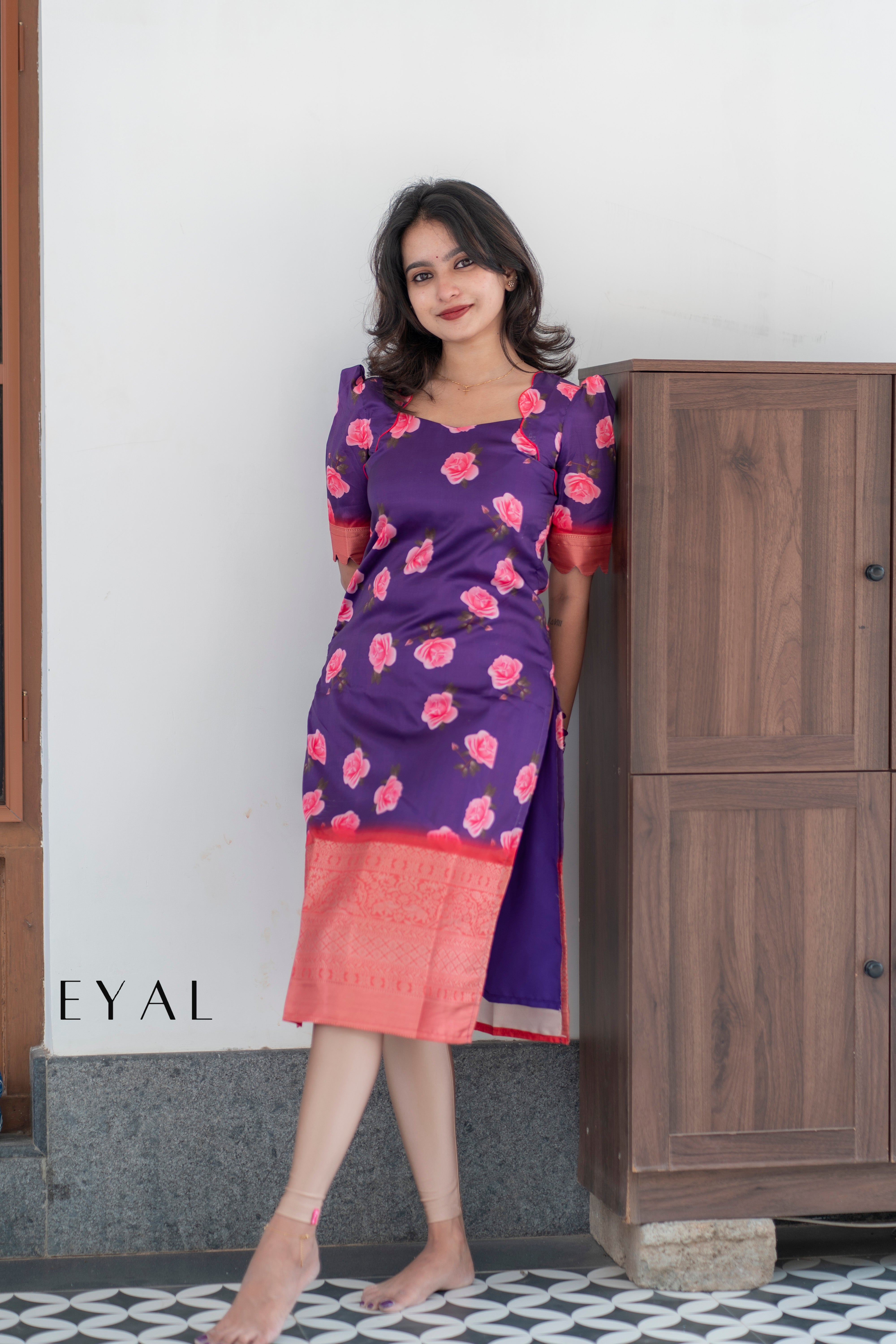 Floral silk kurti with jacquard border -1428