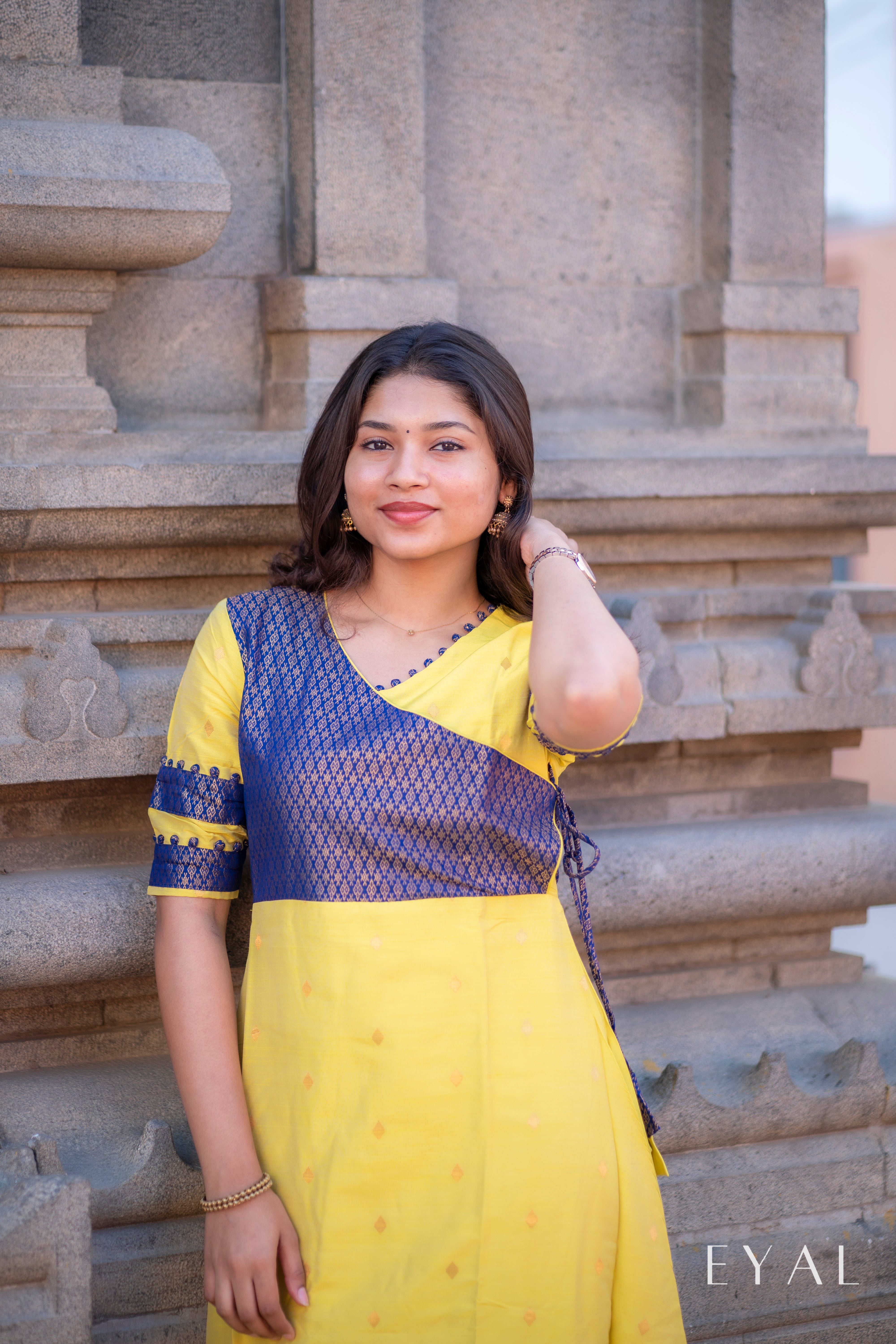 Yellow raw silk gown with blue banaras yoke -1294