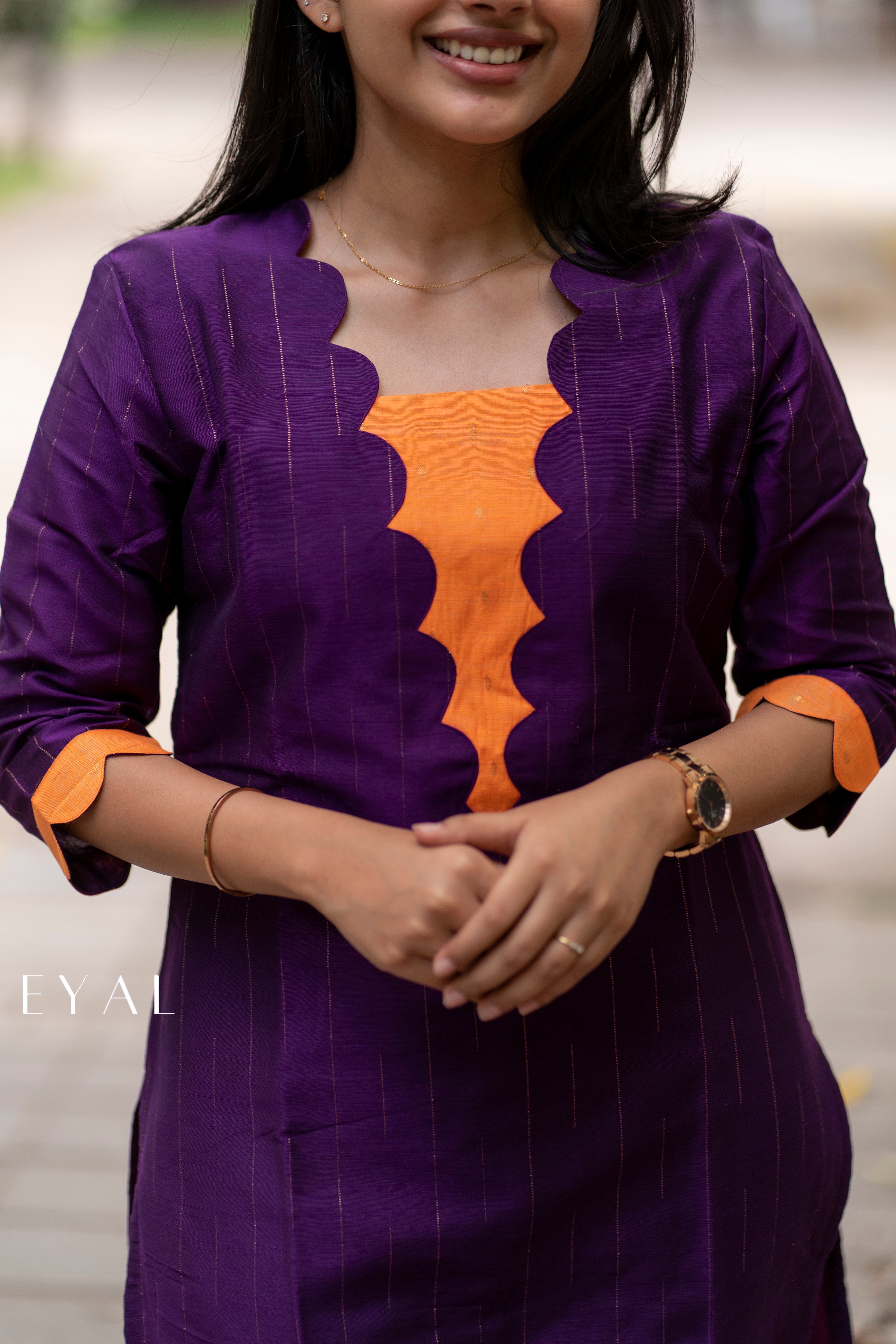 Purple and orange raw silk kurta set -1285