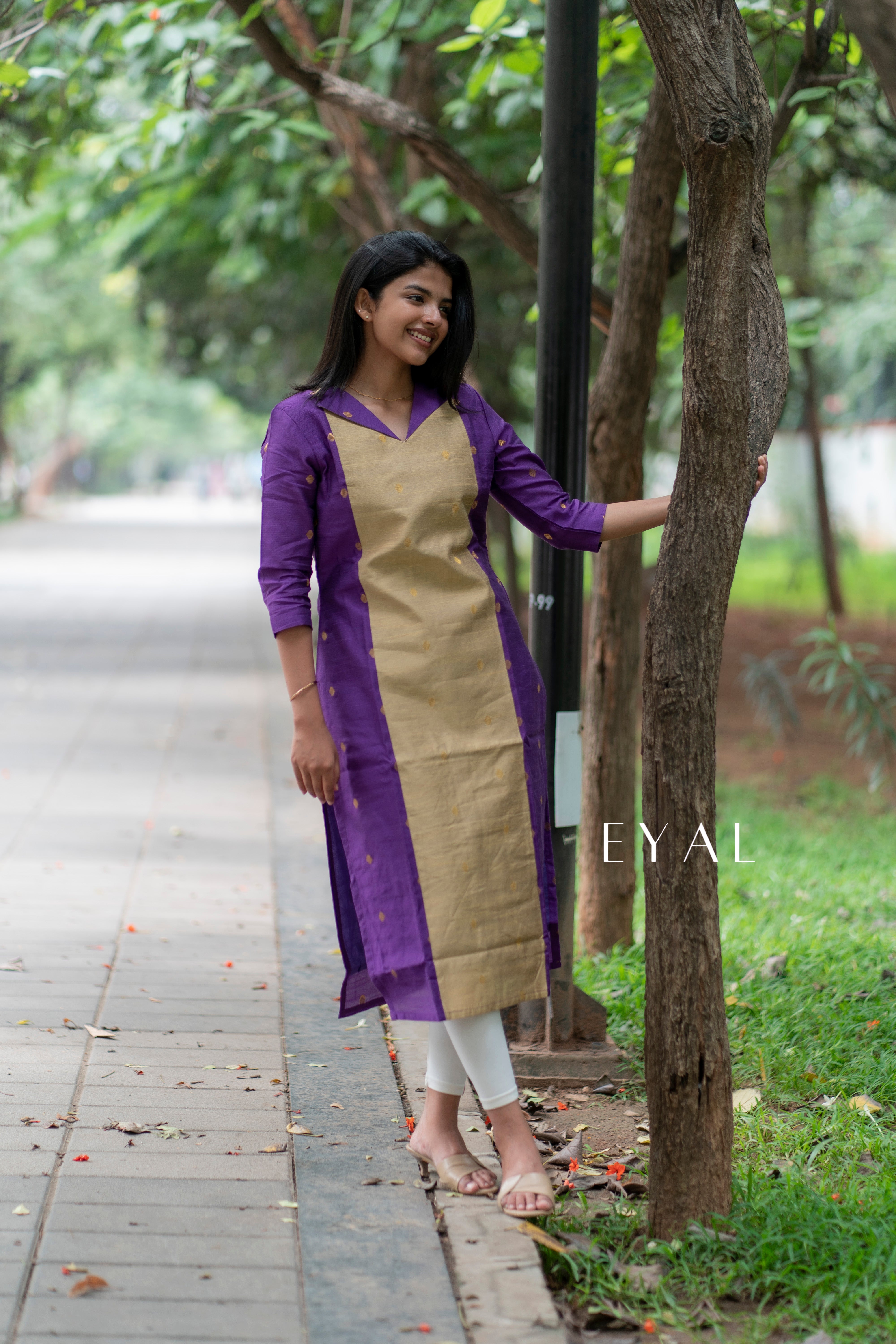 purple and beige raw silk kurti- 1364