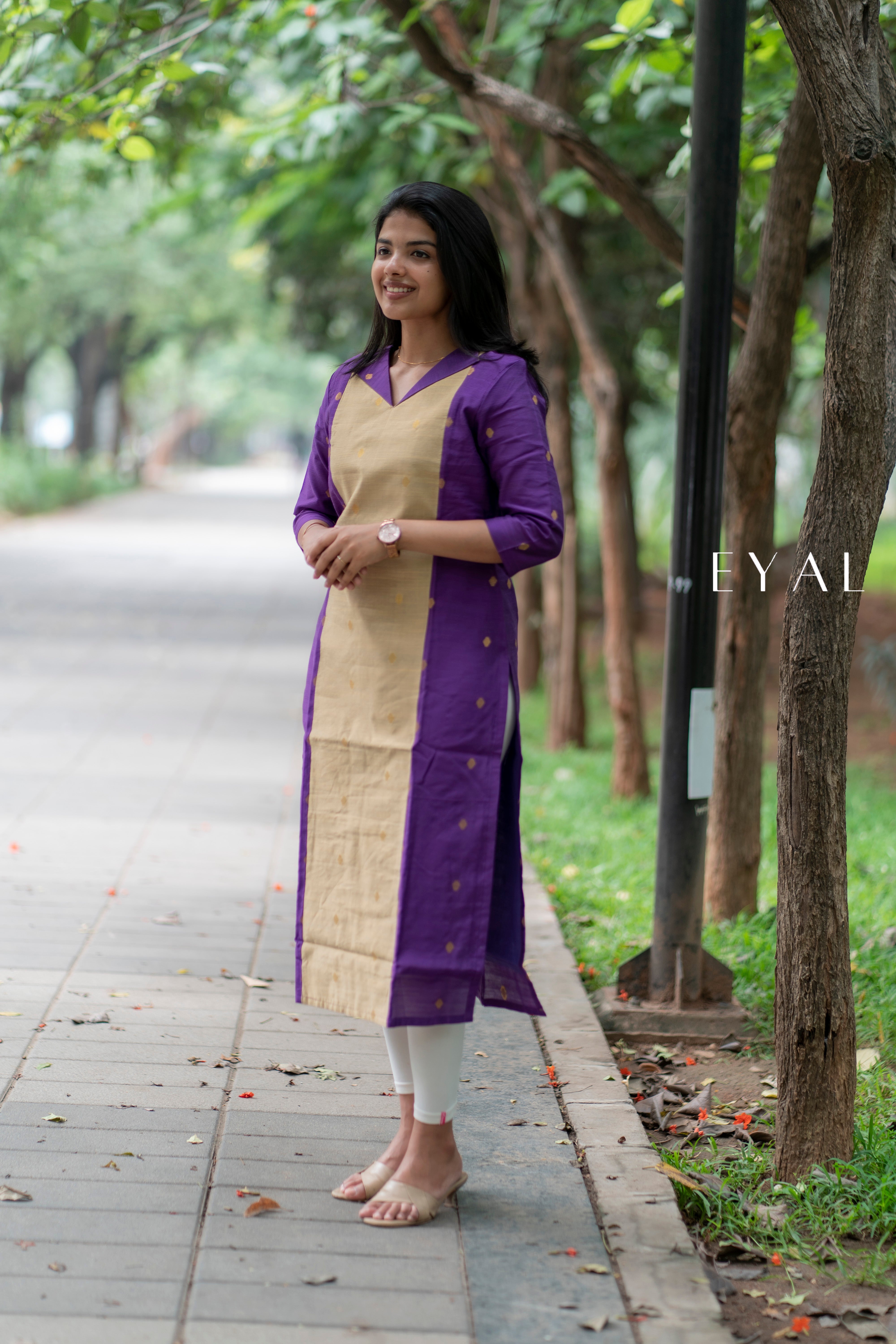 purple and beige raw silk kurti- 1364