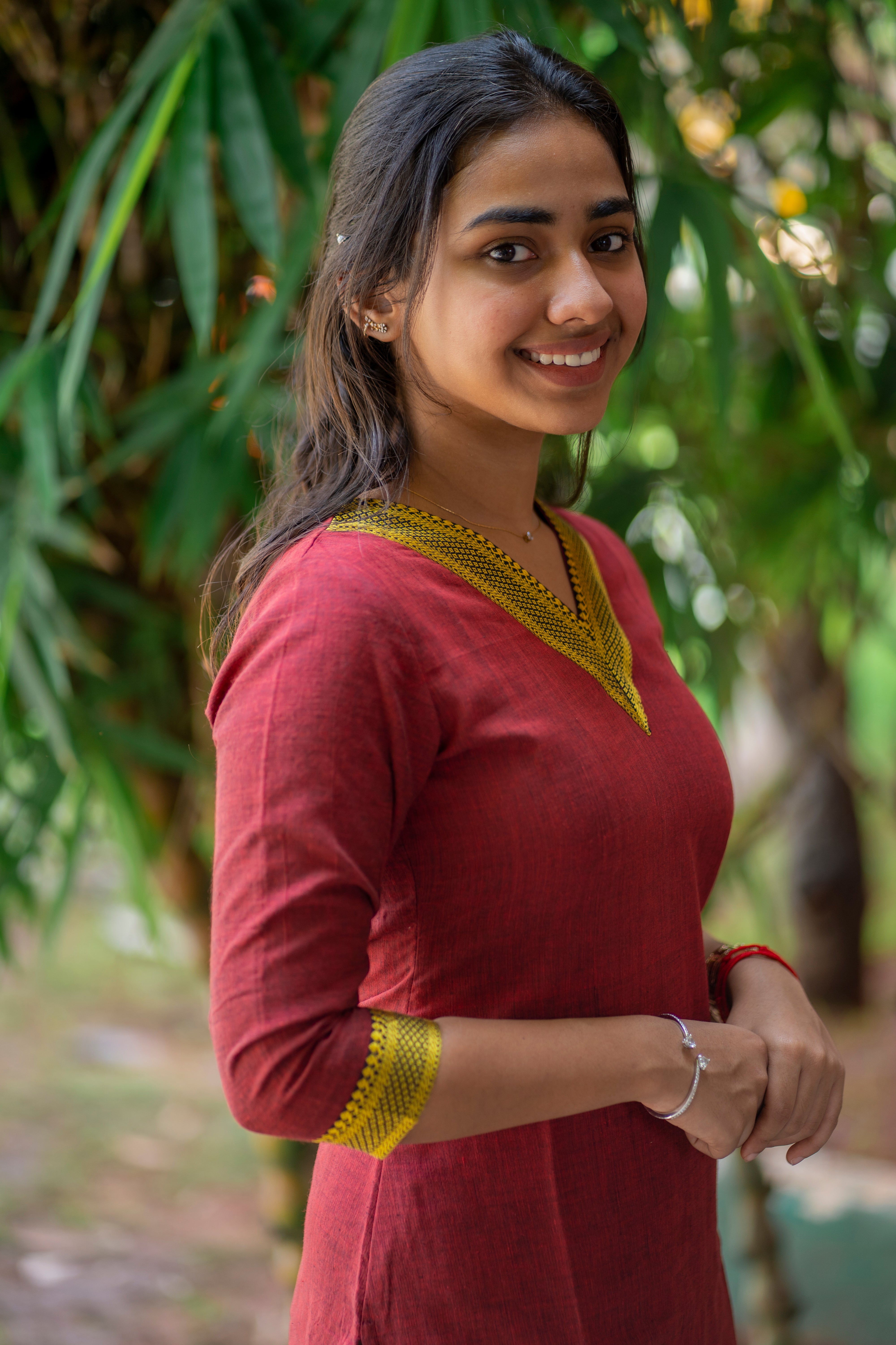 Maroon kanchi cotton kurti with border - 1330