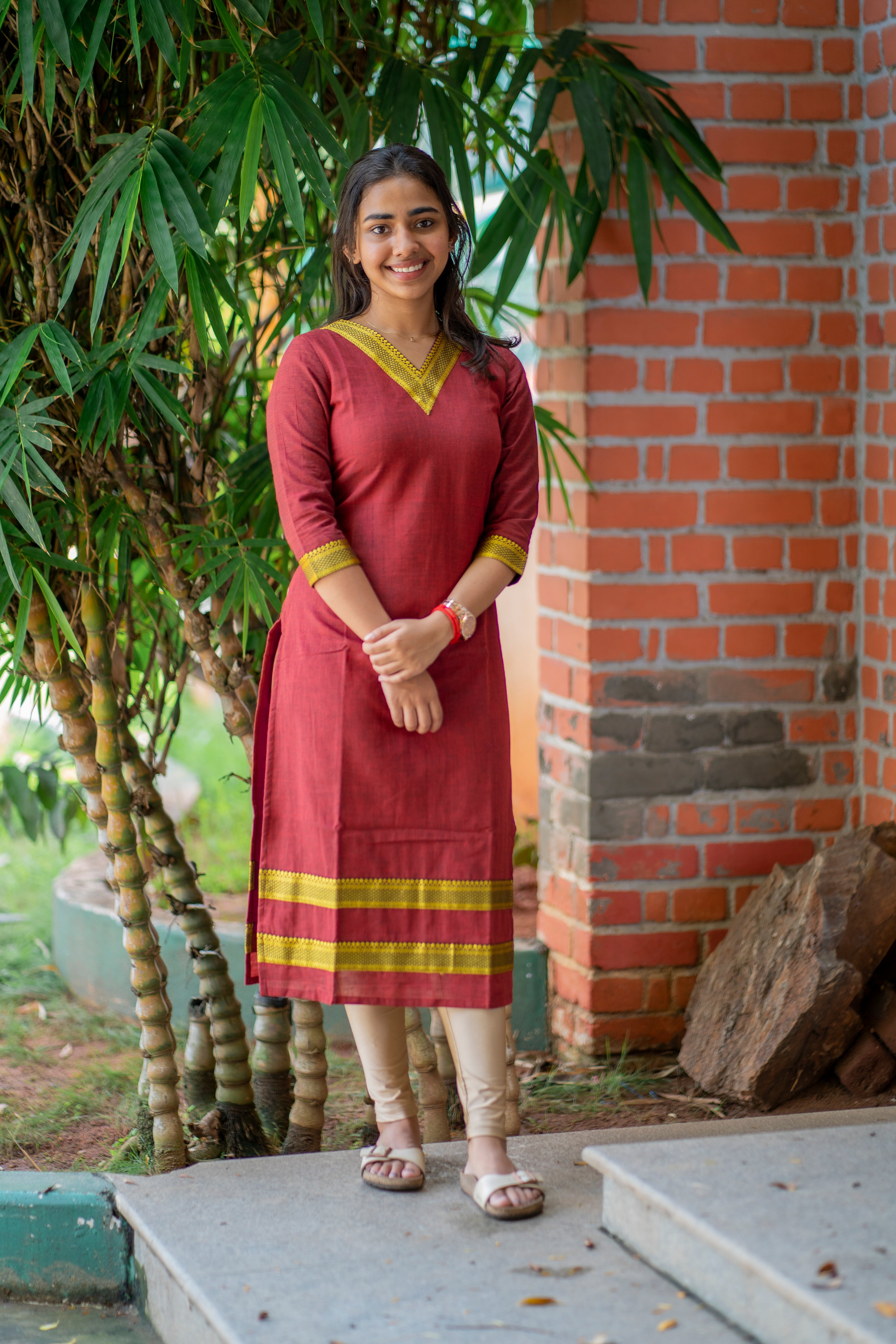 Maroon kanchi cotton kurti with border - 1330