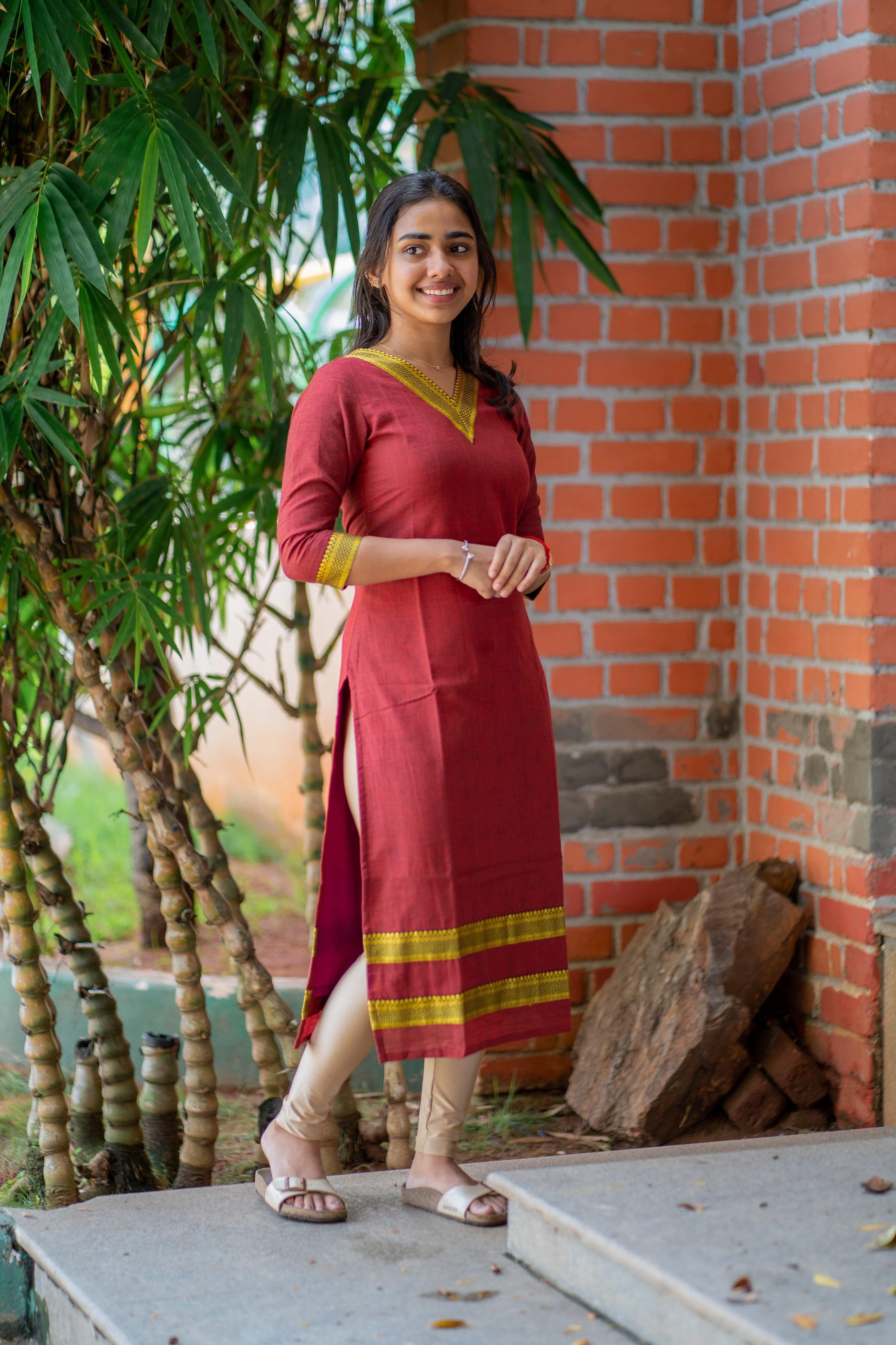 Maroon kanchi cotton kurti with border - 1330