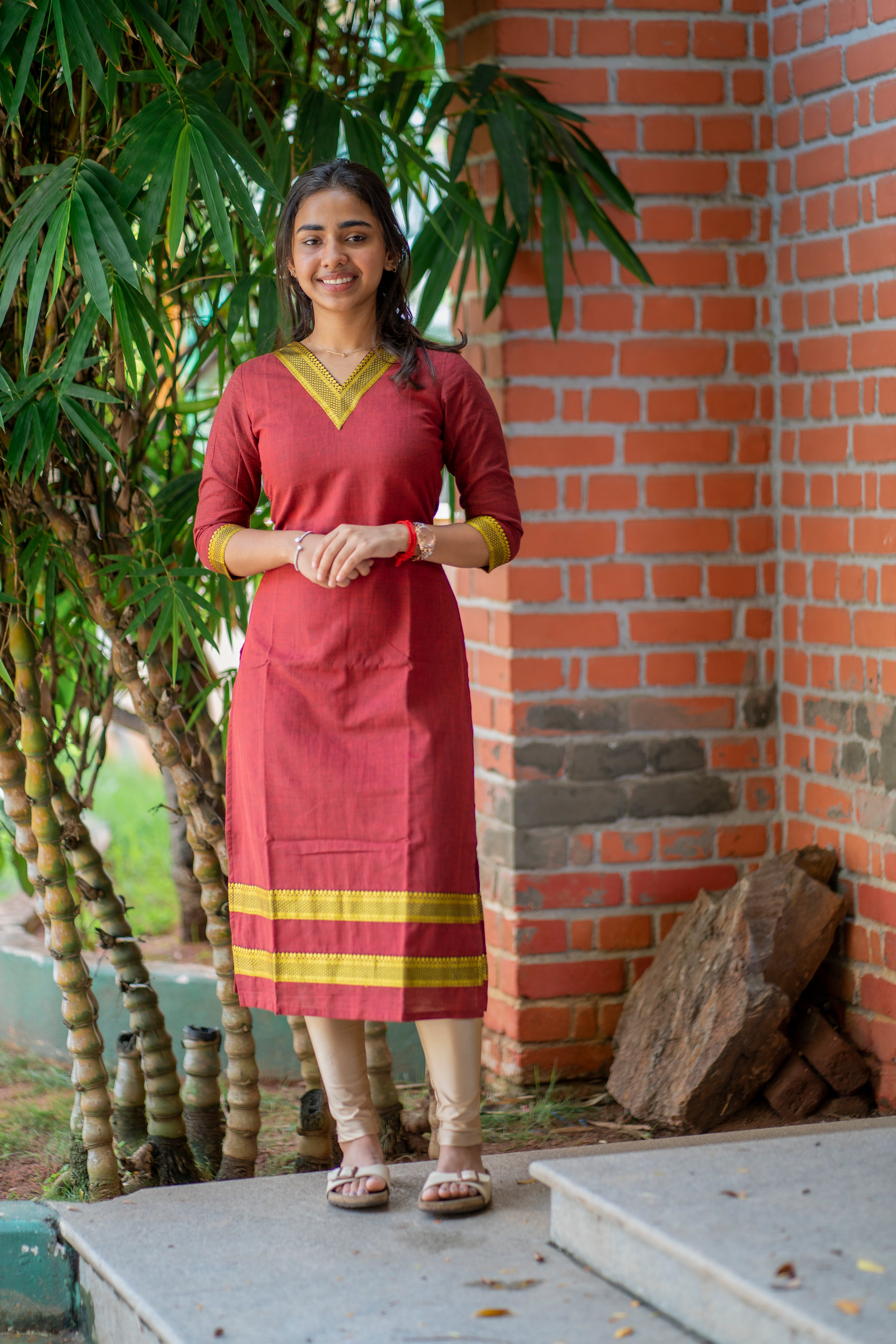 Maroon kanchi cotton kurti with border - 1330