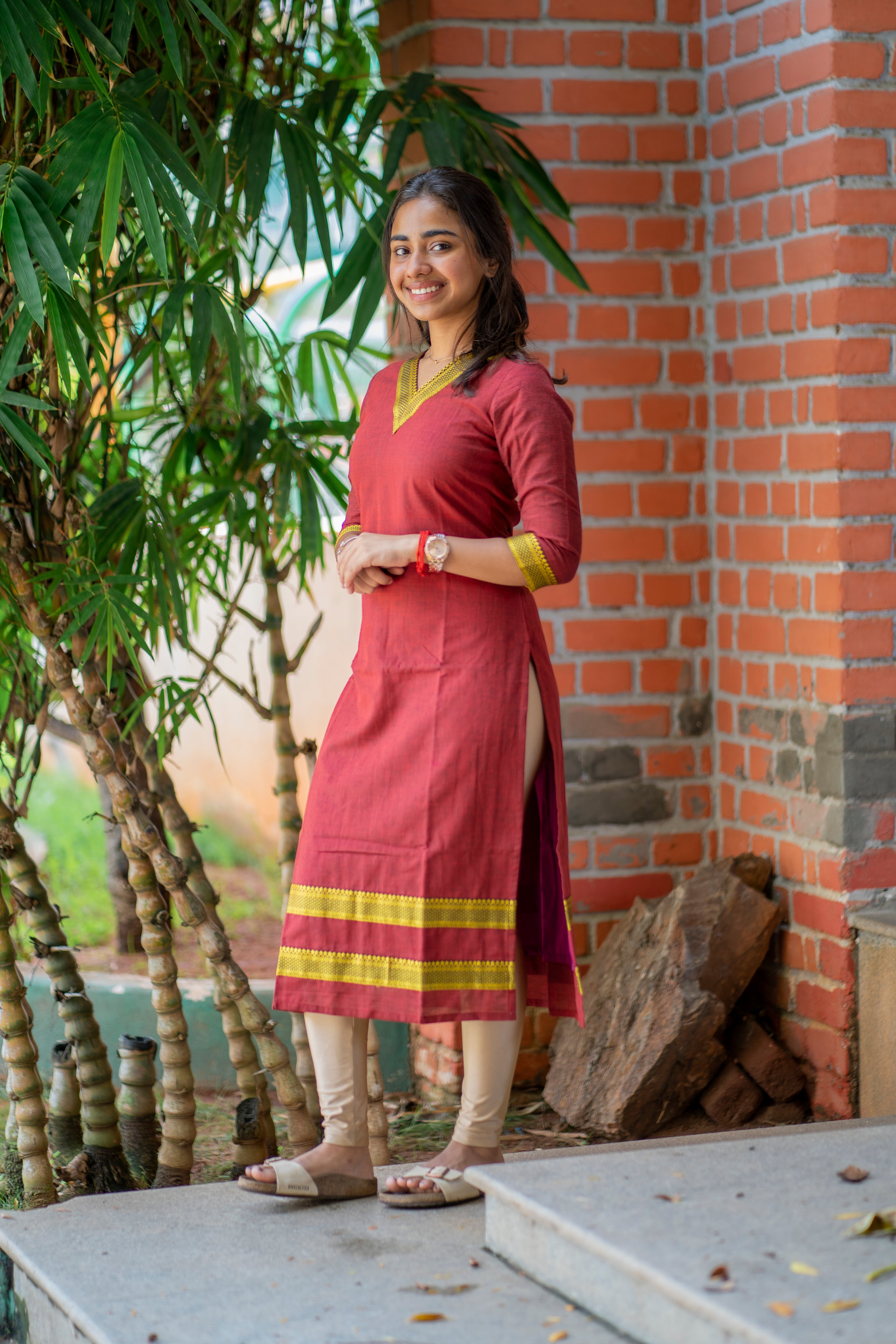 Maroon kanchi cotton kurti with border - 1330