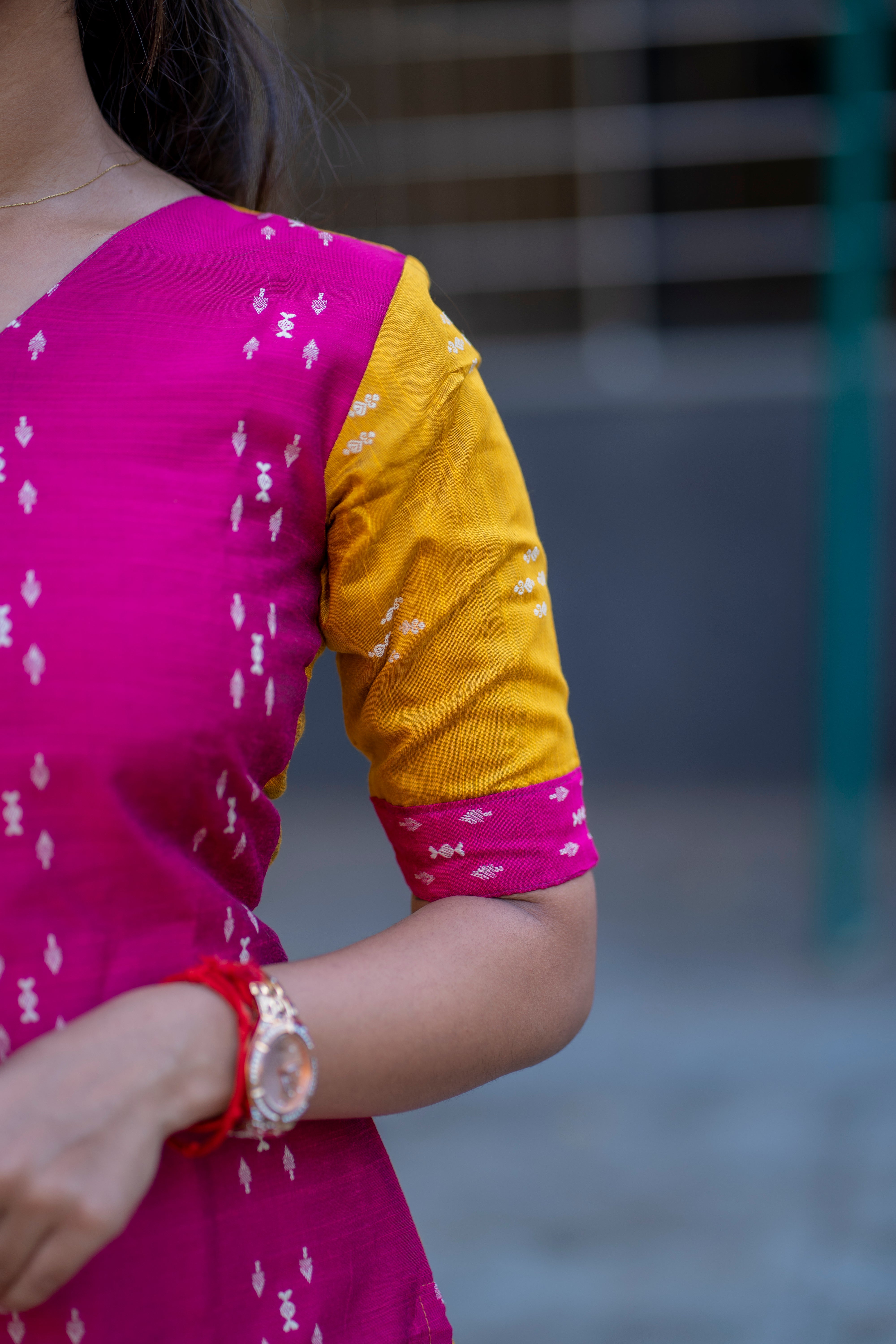 yellow pink half and half raw silk kurti - 1339