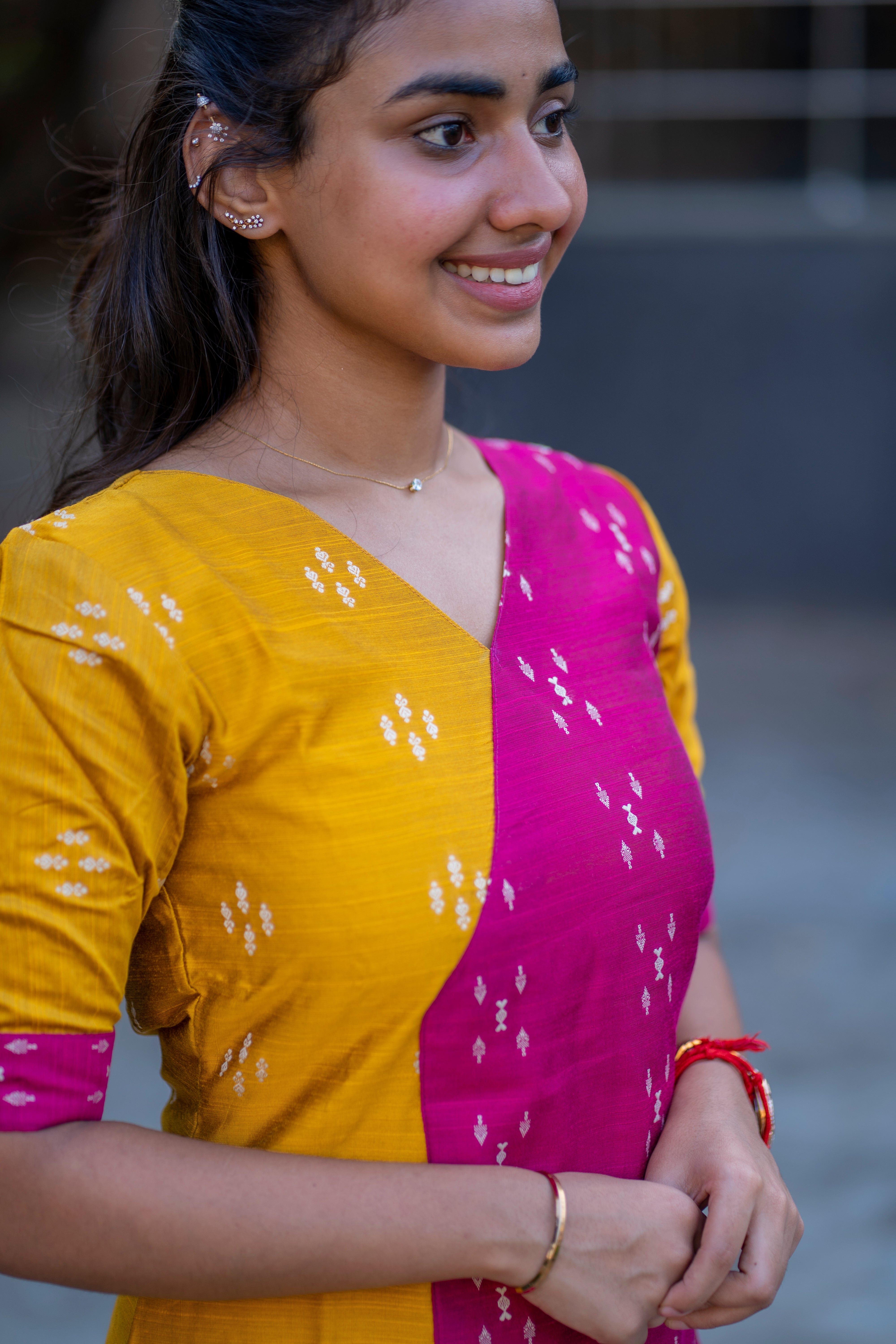 yellow pink half and half raw silk kurti - 1339