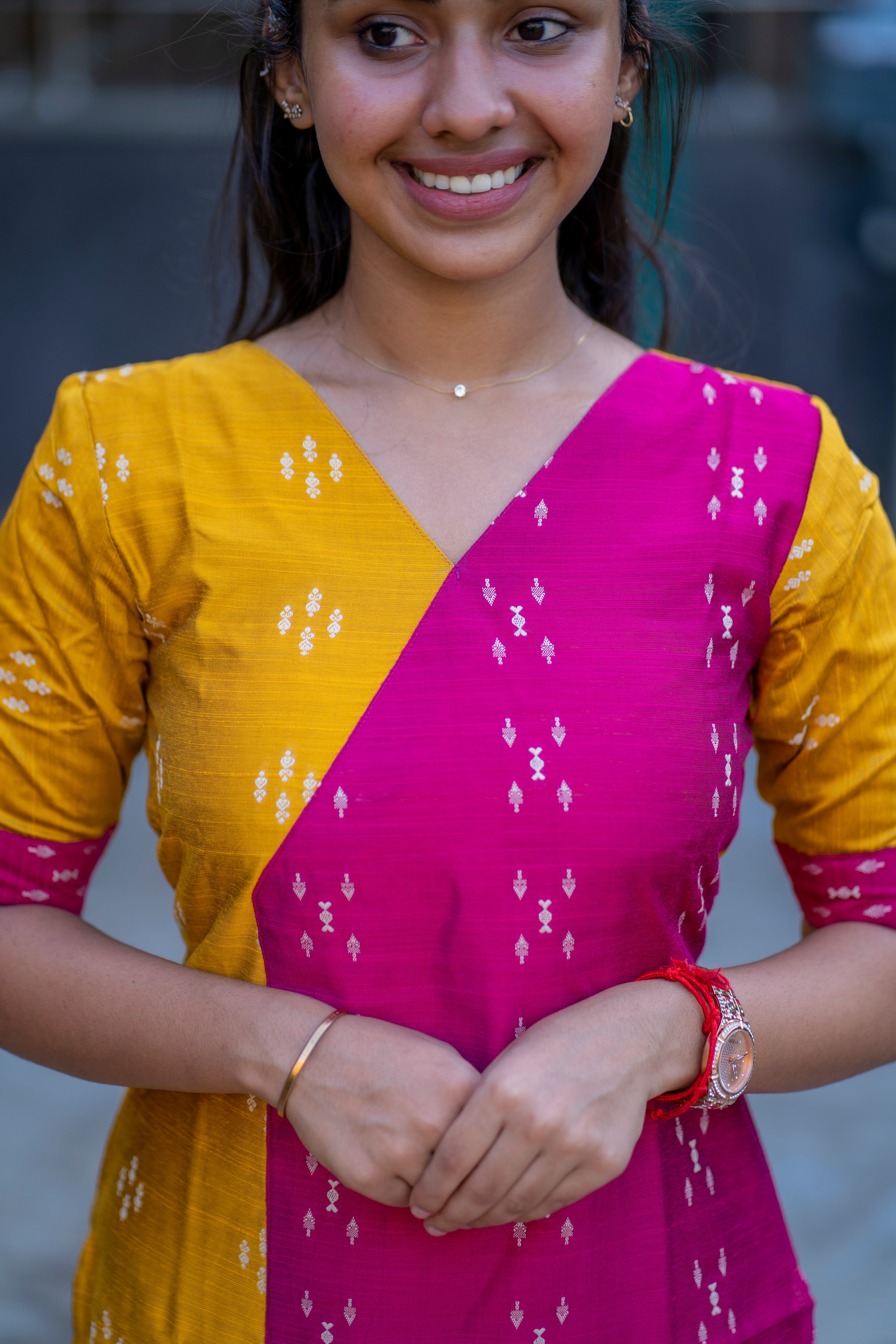 yellow pink half and half raw silk kurti - 1339