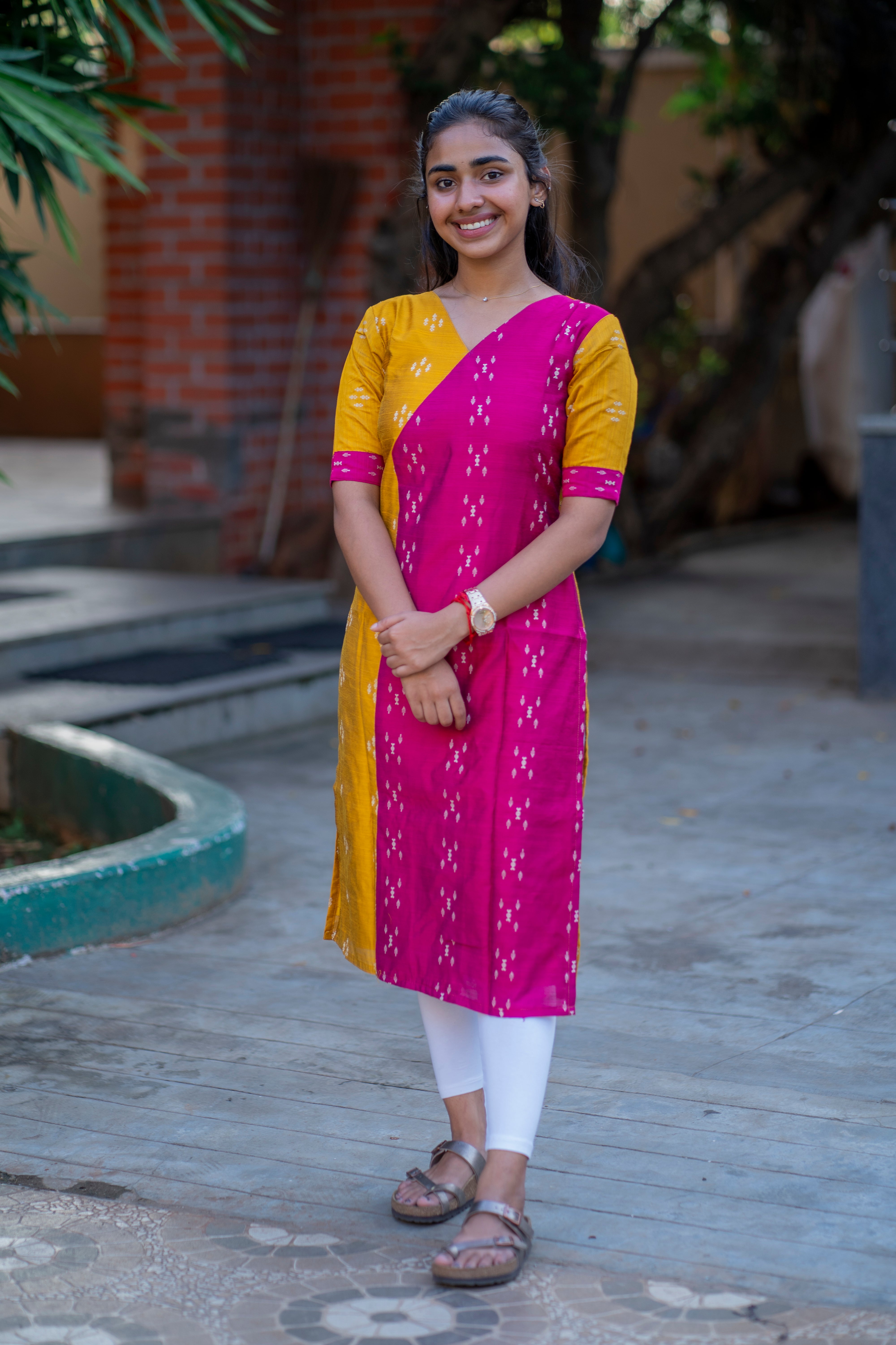 yellow pink half and half raw silk kurti - 1339