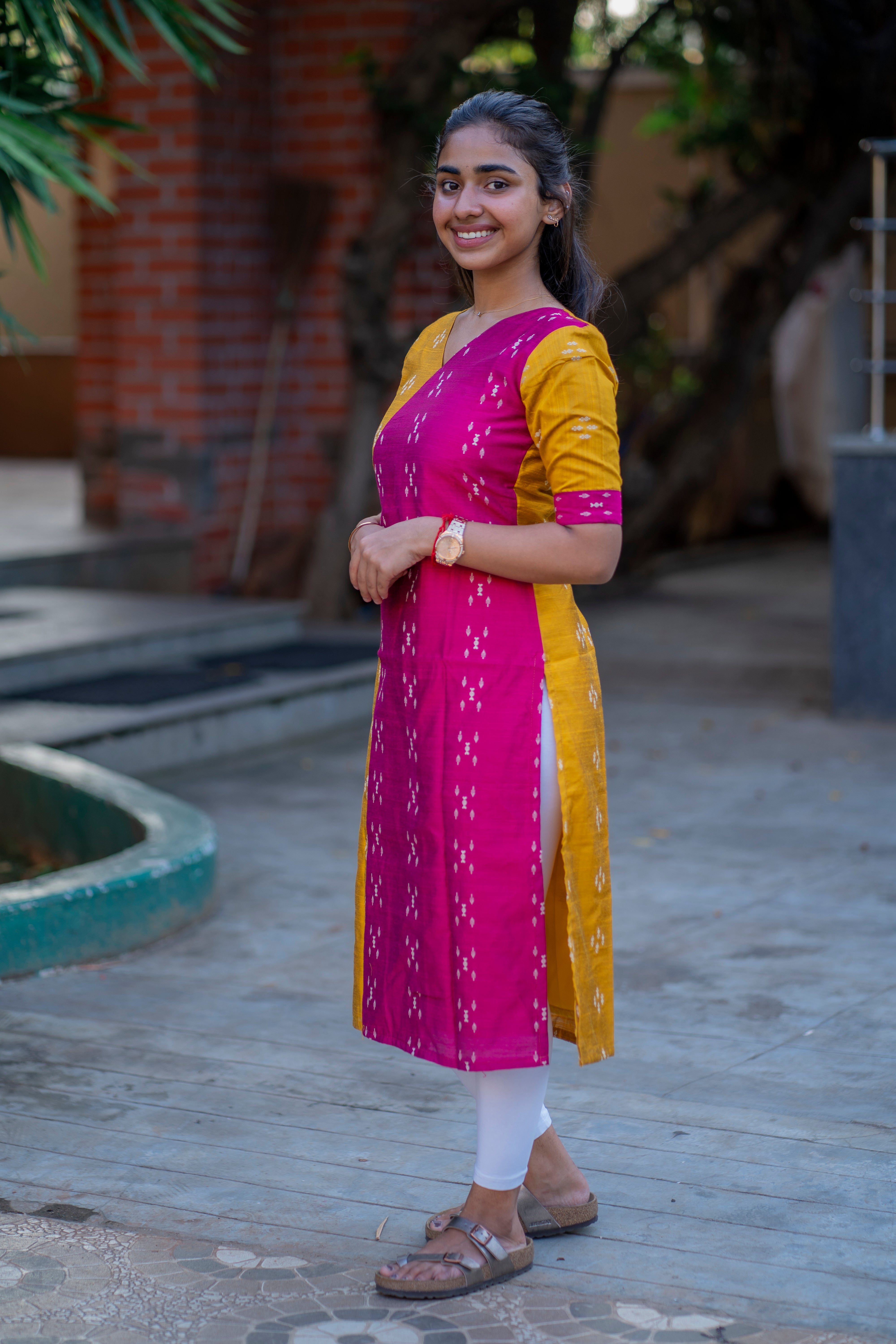 yellow pink half and half raw silk kurti - 1339