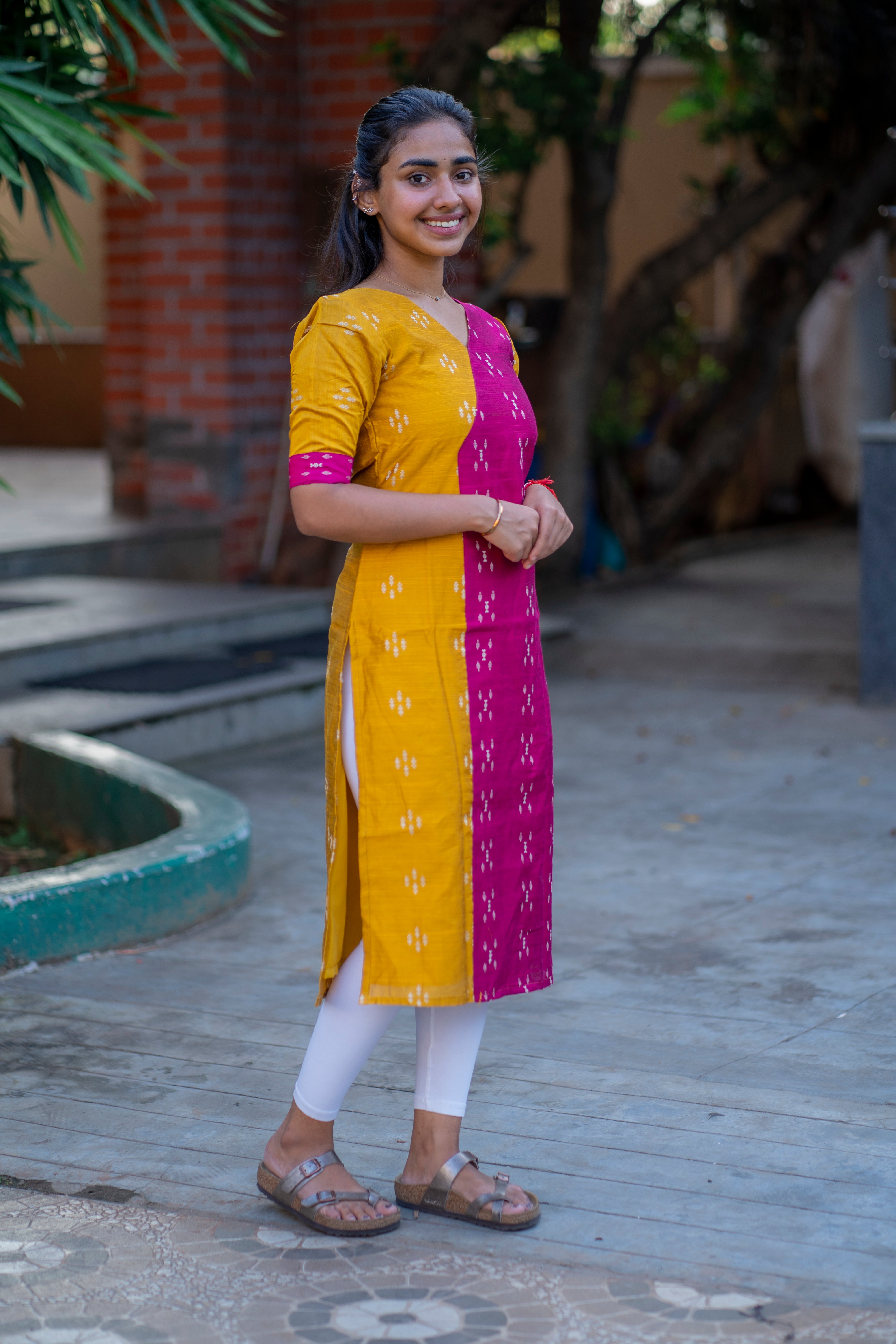 yellow pink half and half raw silk kurti - 1339