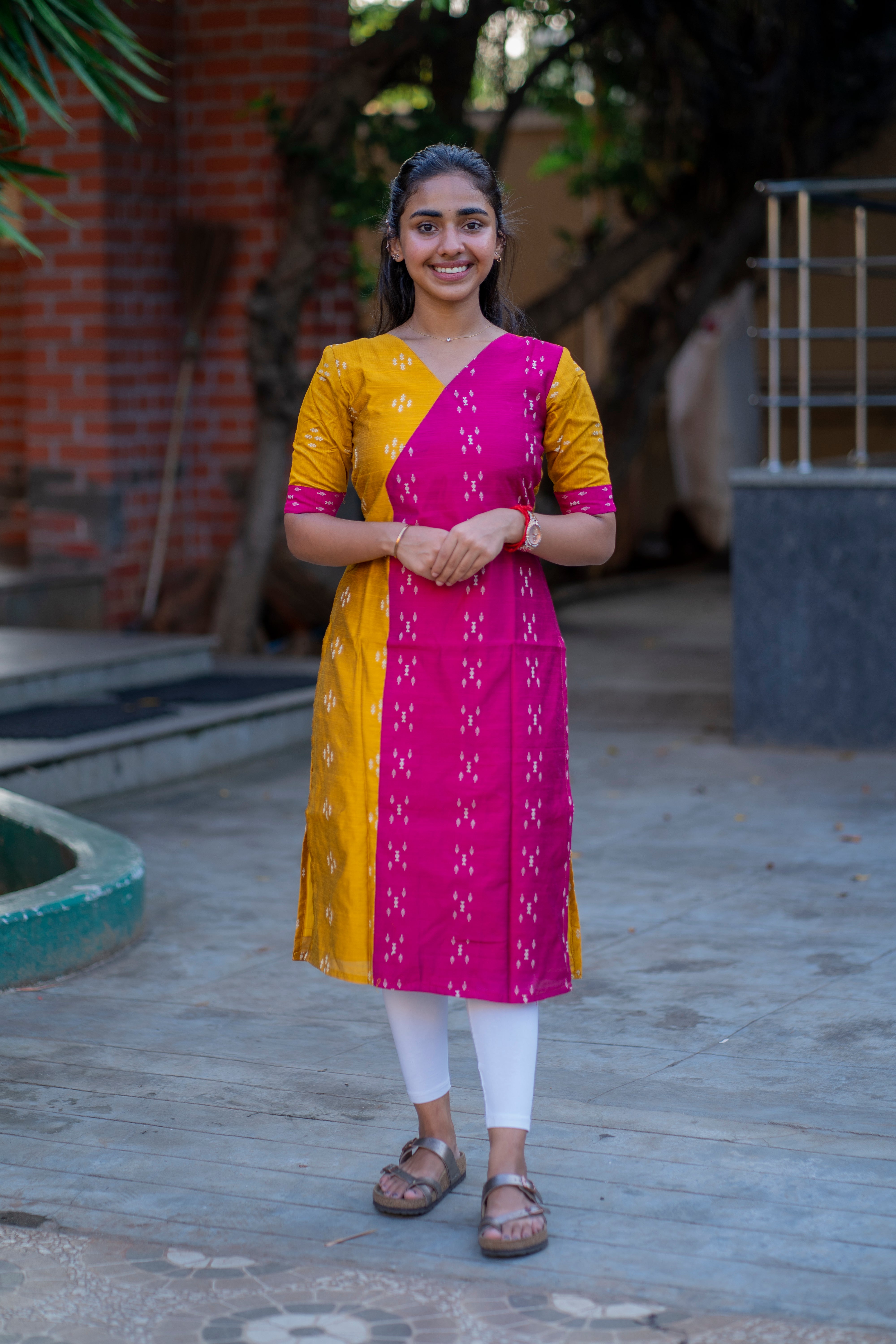 yellow pink half and half raw silk kurti - 1339