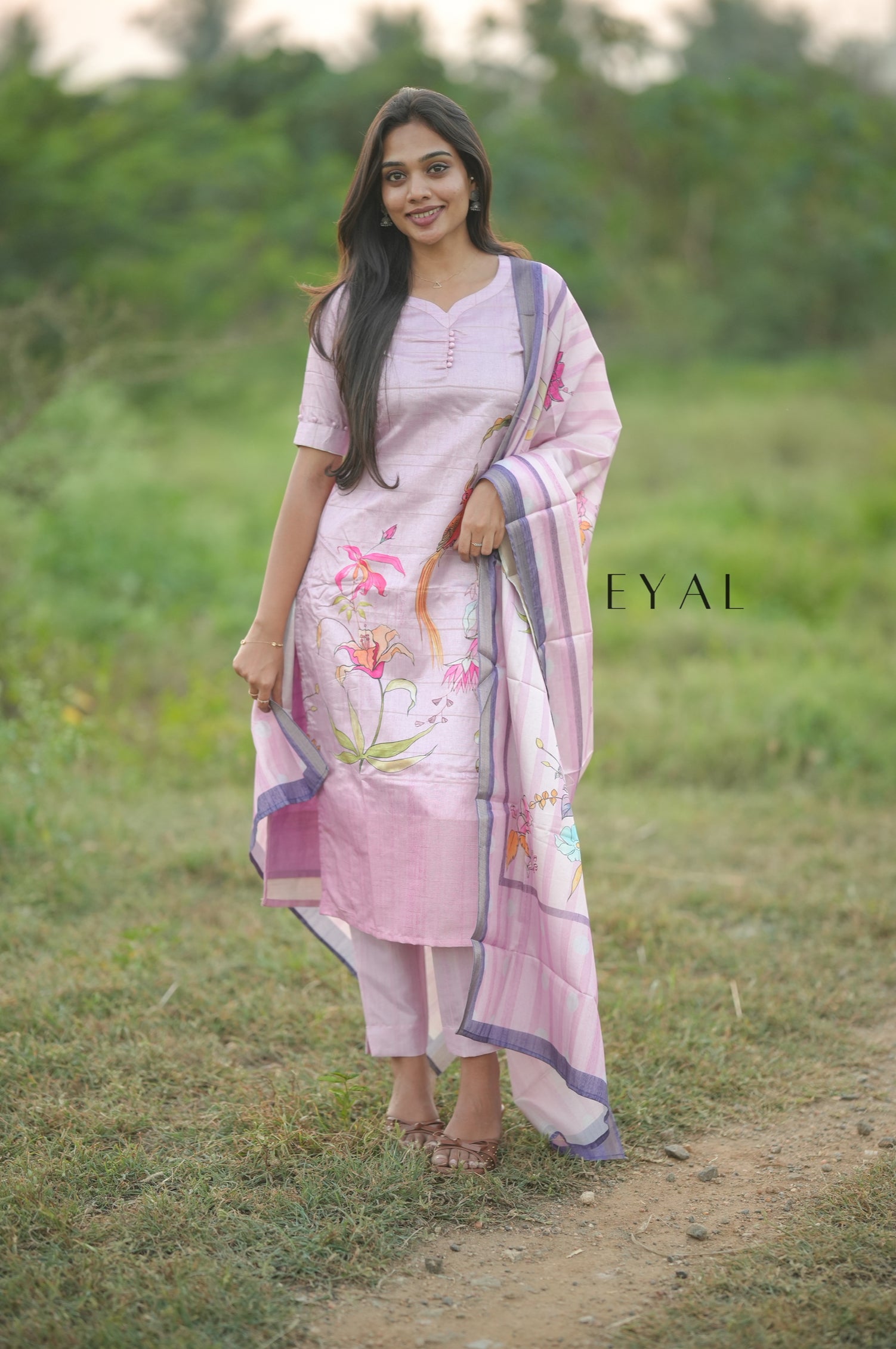 Pink floral Tussar kurta set