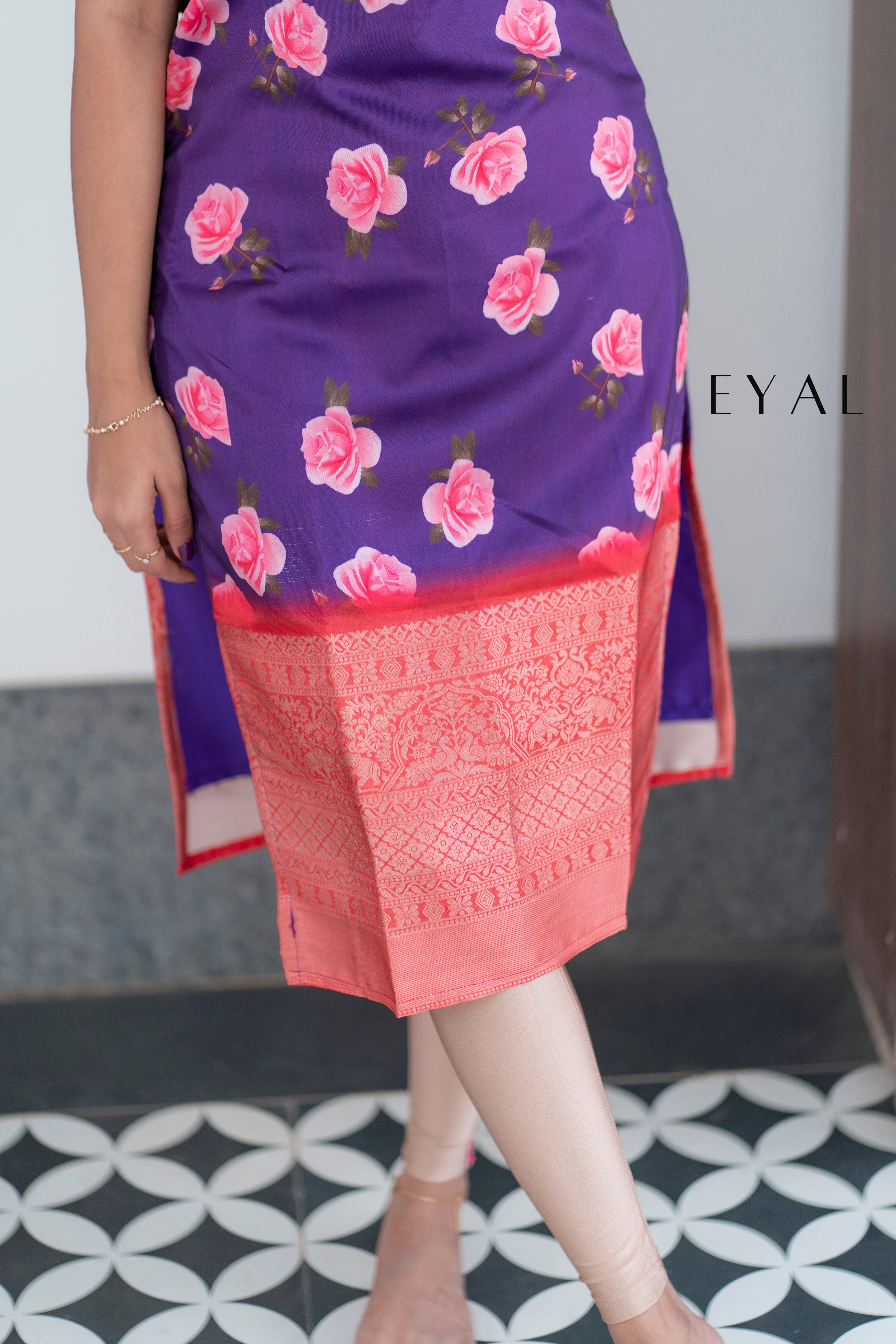 Floral silk kurti with jacquard border -1428