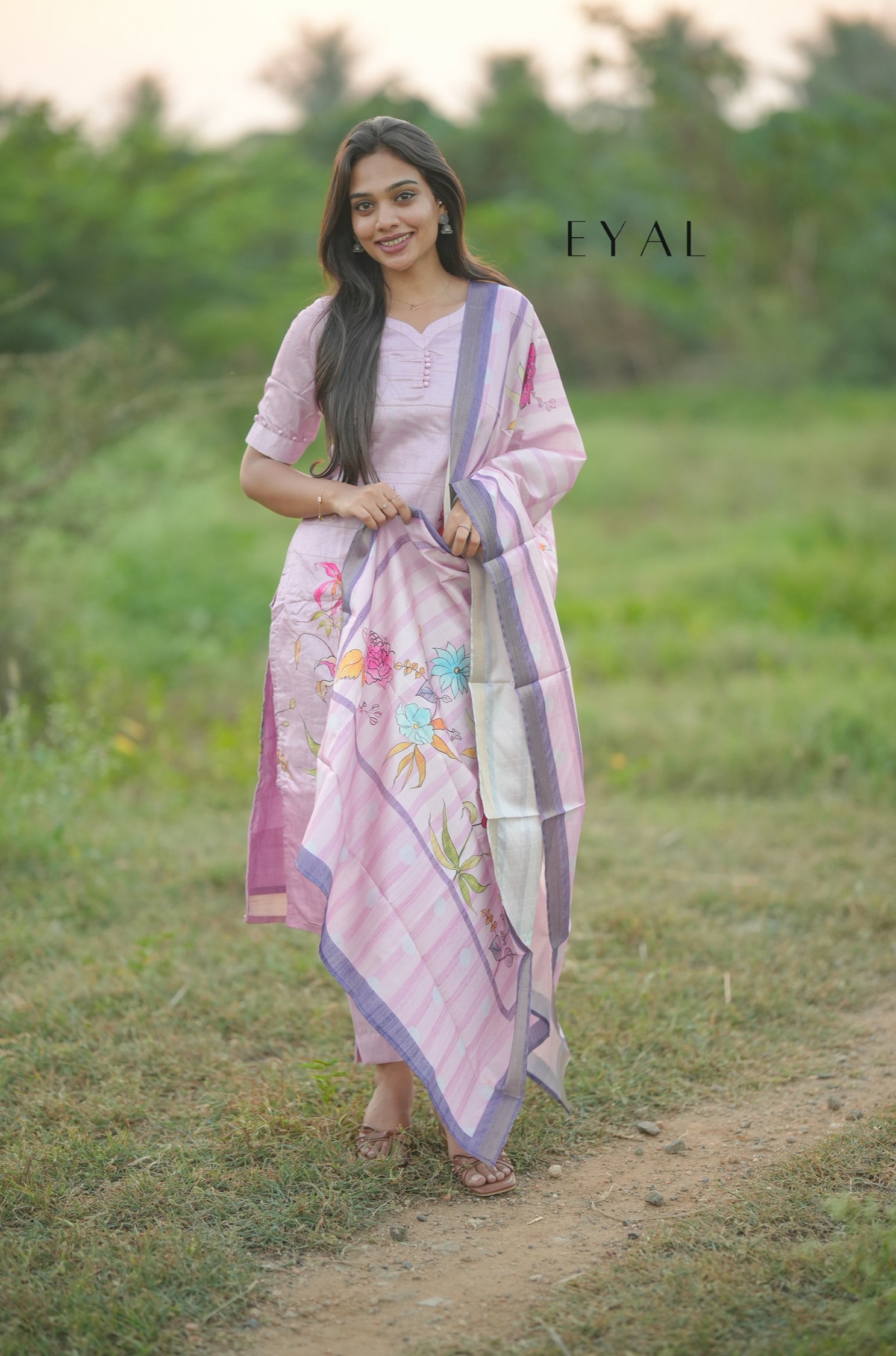Pink floral Tussar kurta set