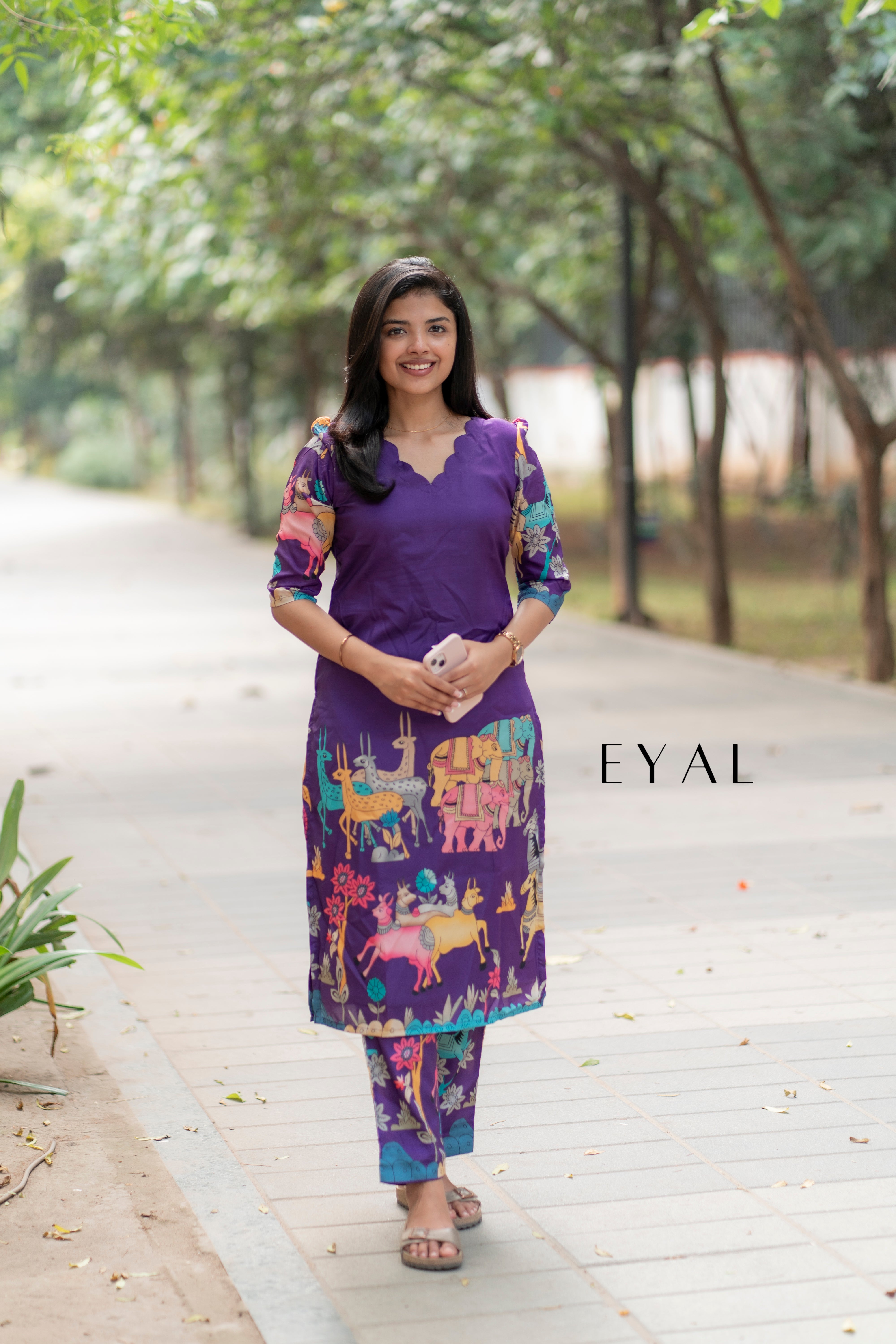 Purple scallop tussar kurta set - 1368