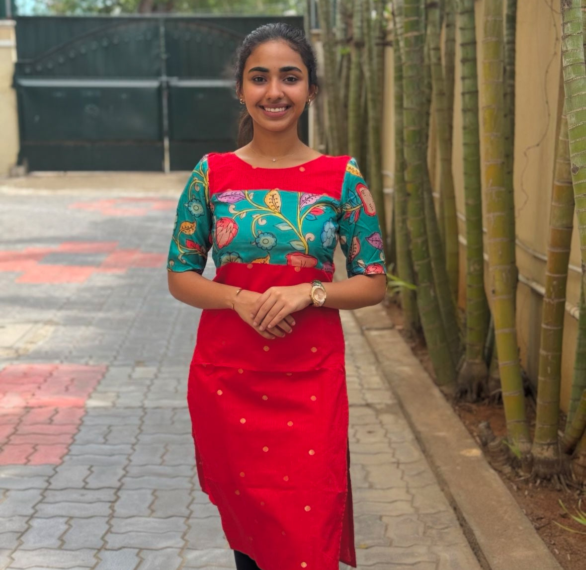 Red raw silk kurti with tussar yoke patch -1298