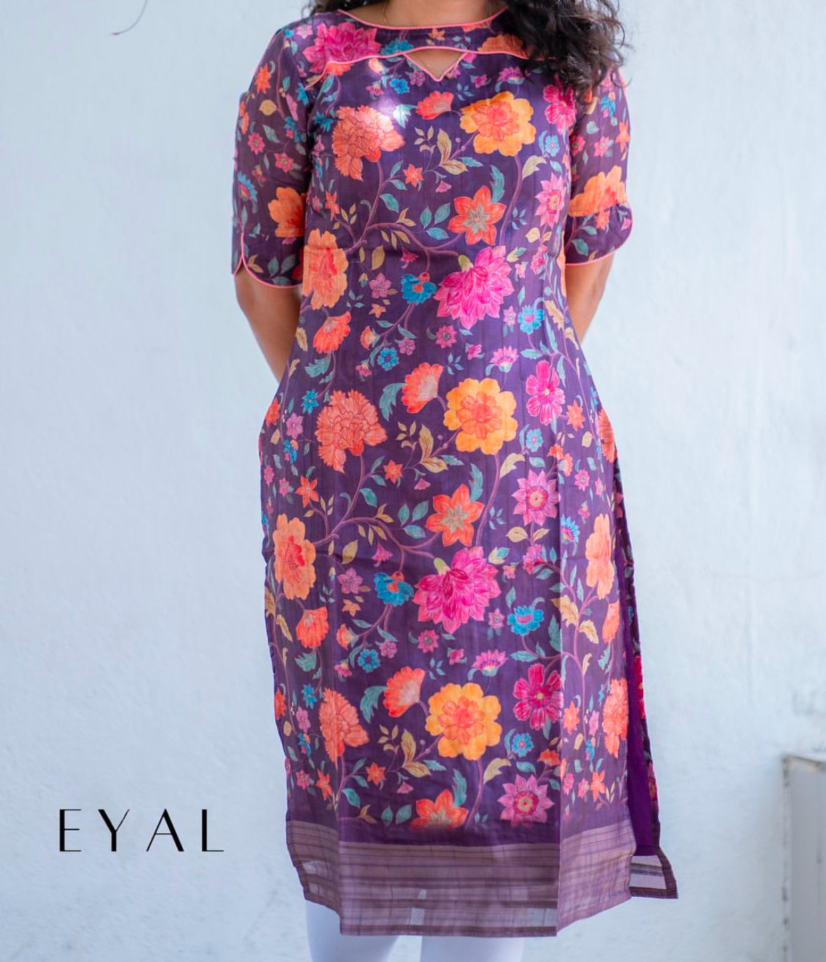 Purple floral semi tussar kurti -1226