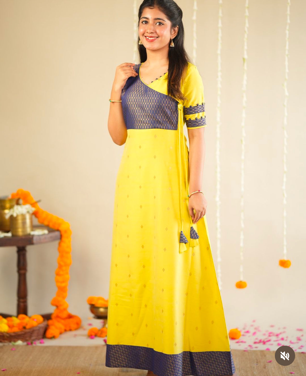 Yellow raw silk gown with blue banaras yoke -1294