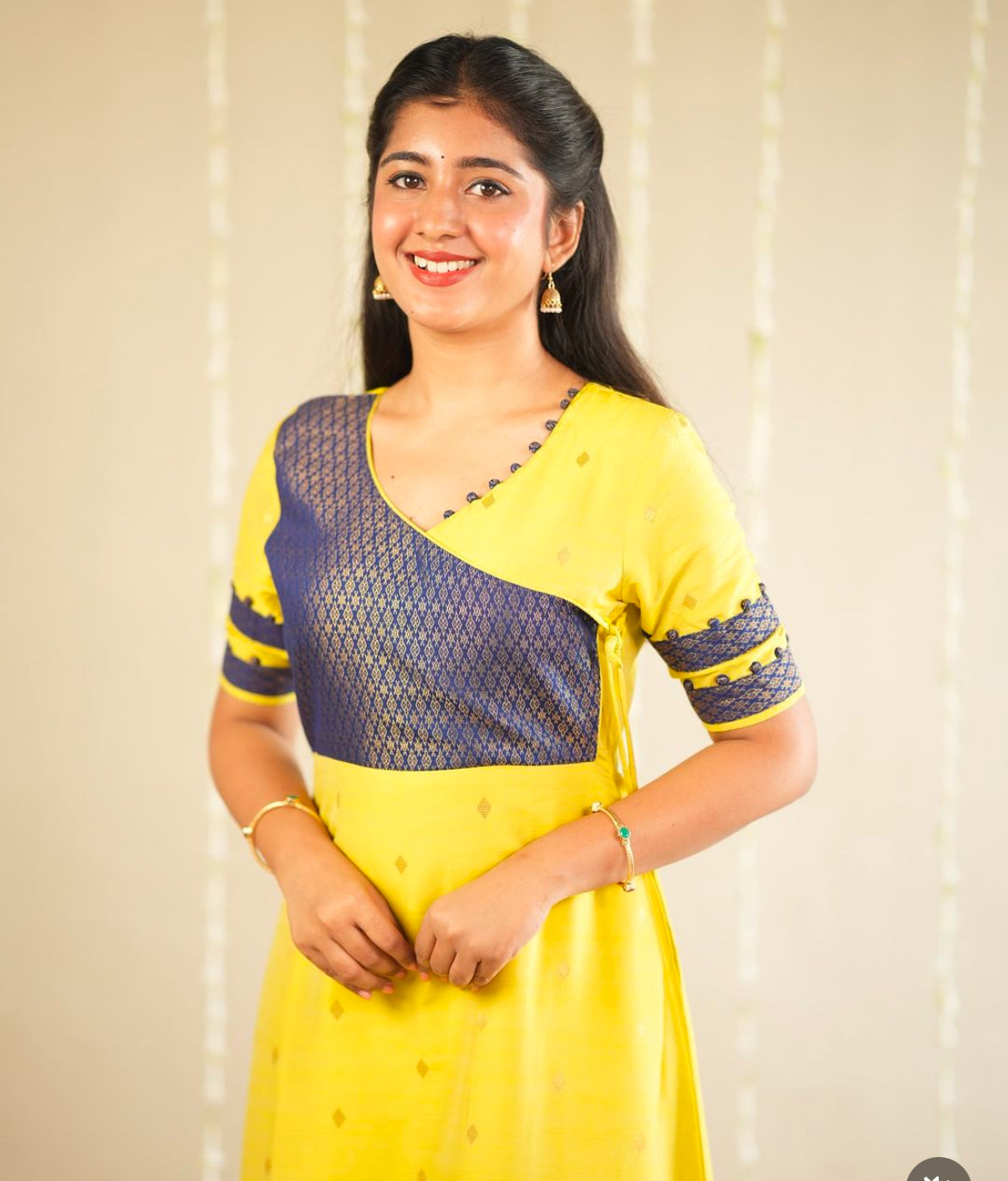 Yellow raw silk gown with blue banaras yoke -1294