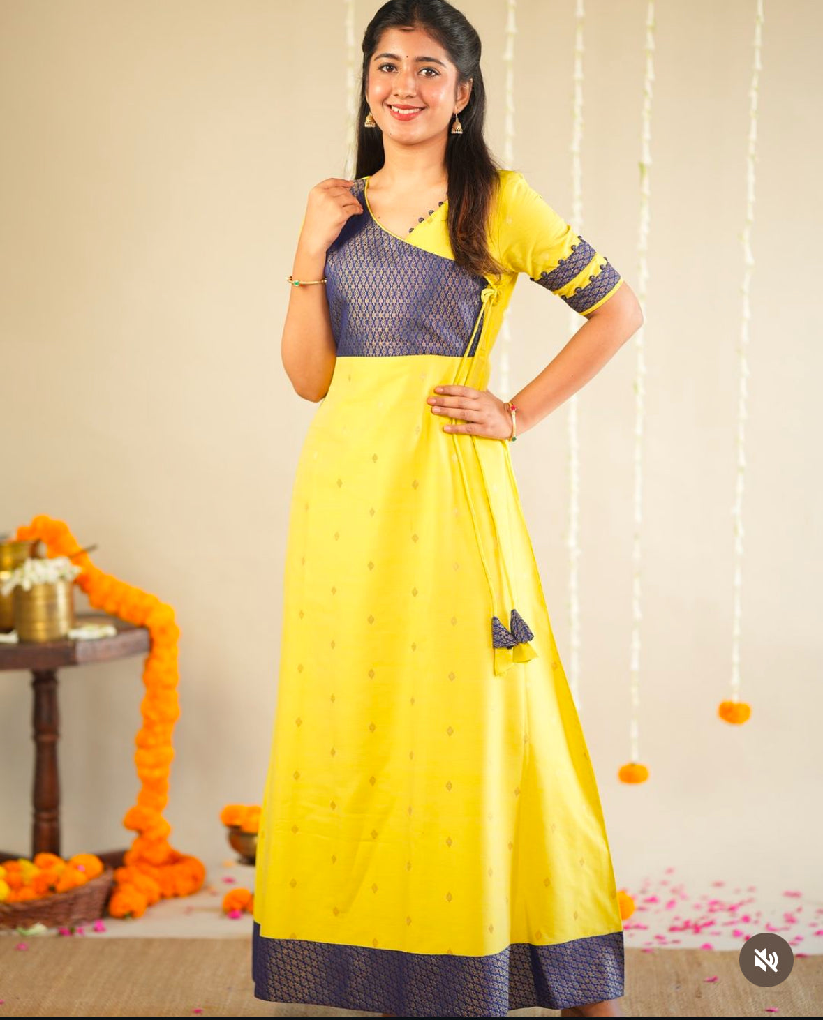 Yellow raw silk gown with blue banaras yoke -1294