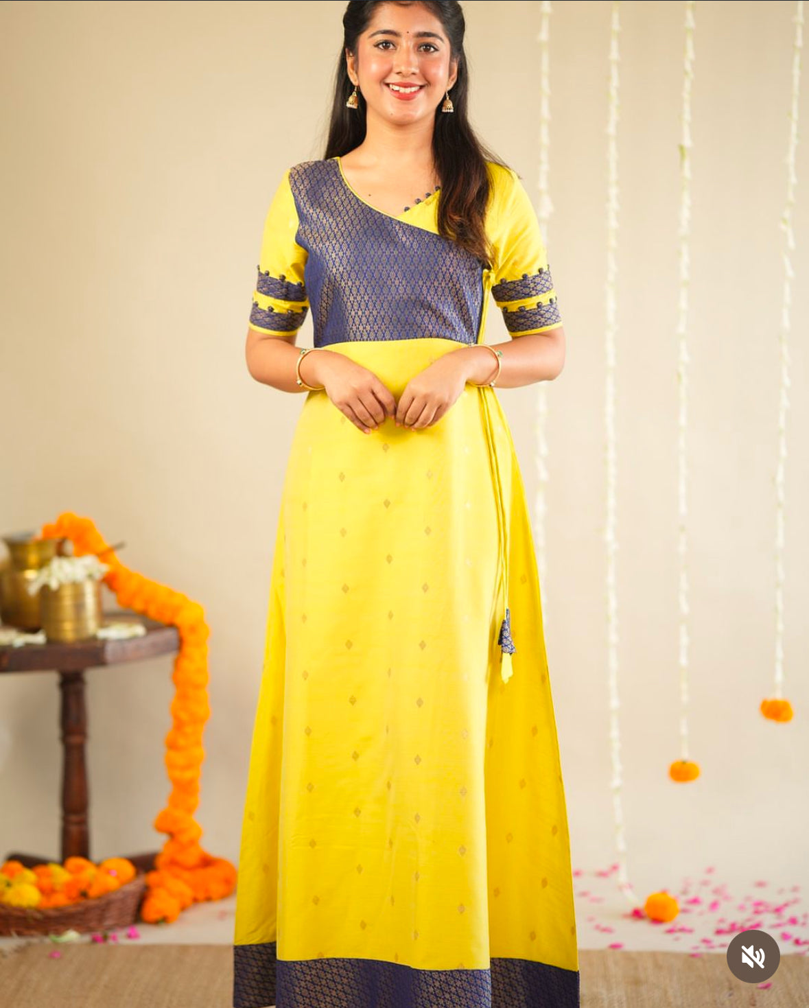 Yellow raw silk gown with blue banaras yoke -1294