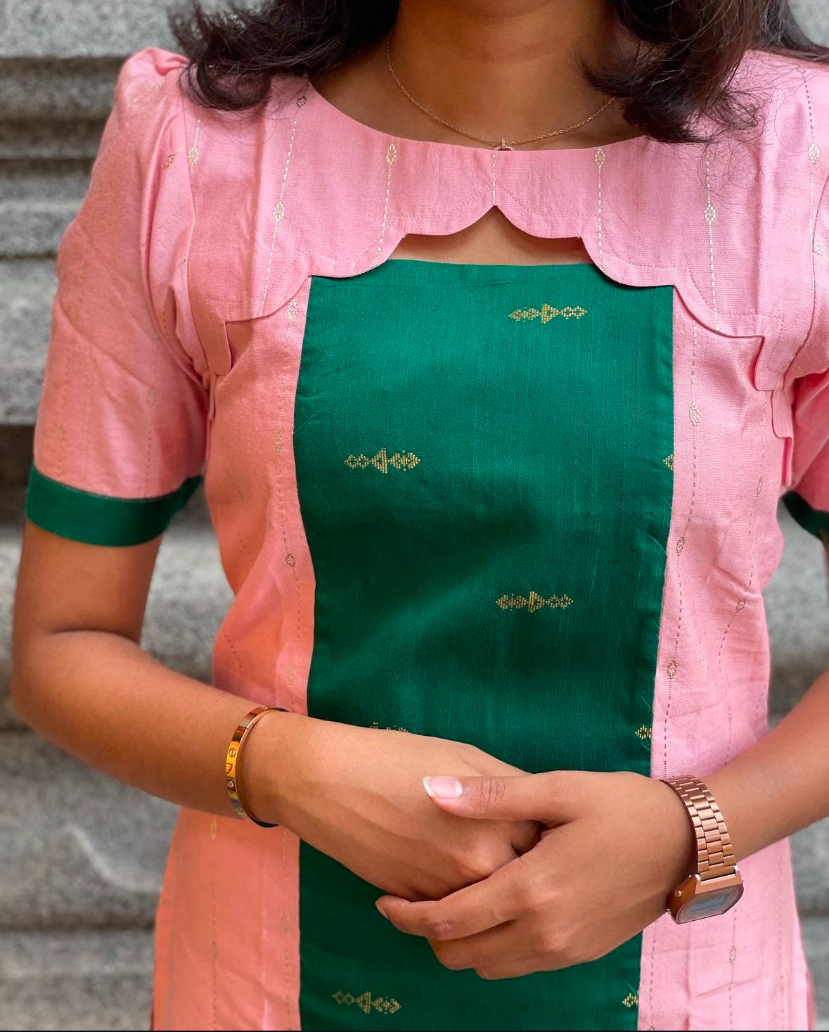 Pink tussar silk with green raw silk -1176