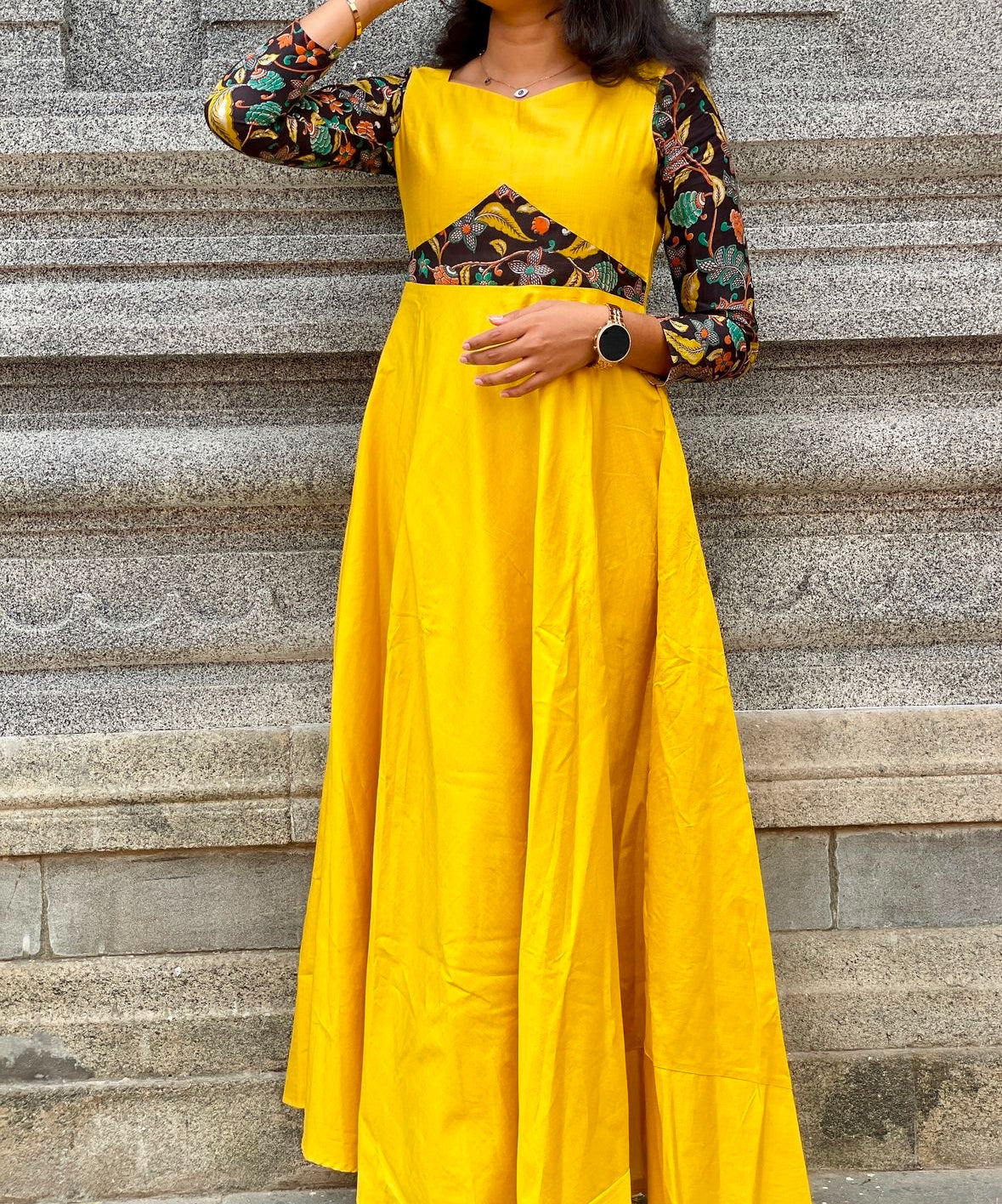 Yellow raw silk gown with black silk kalamkari patch -1161