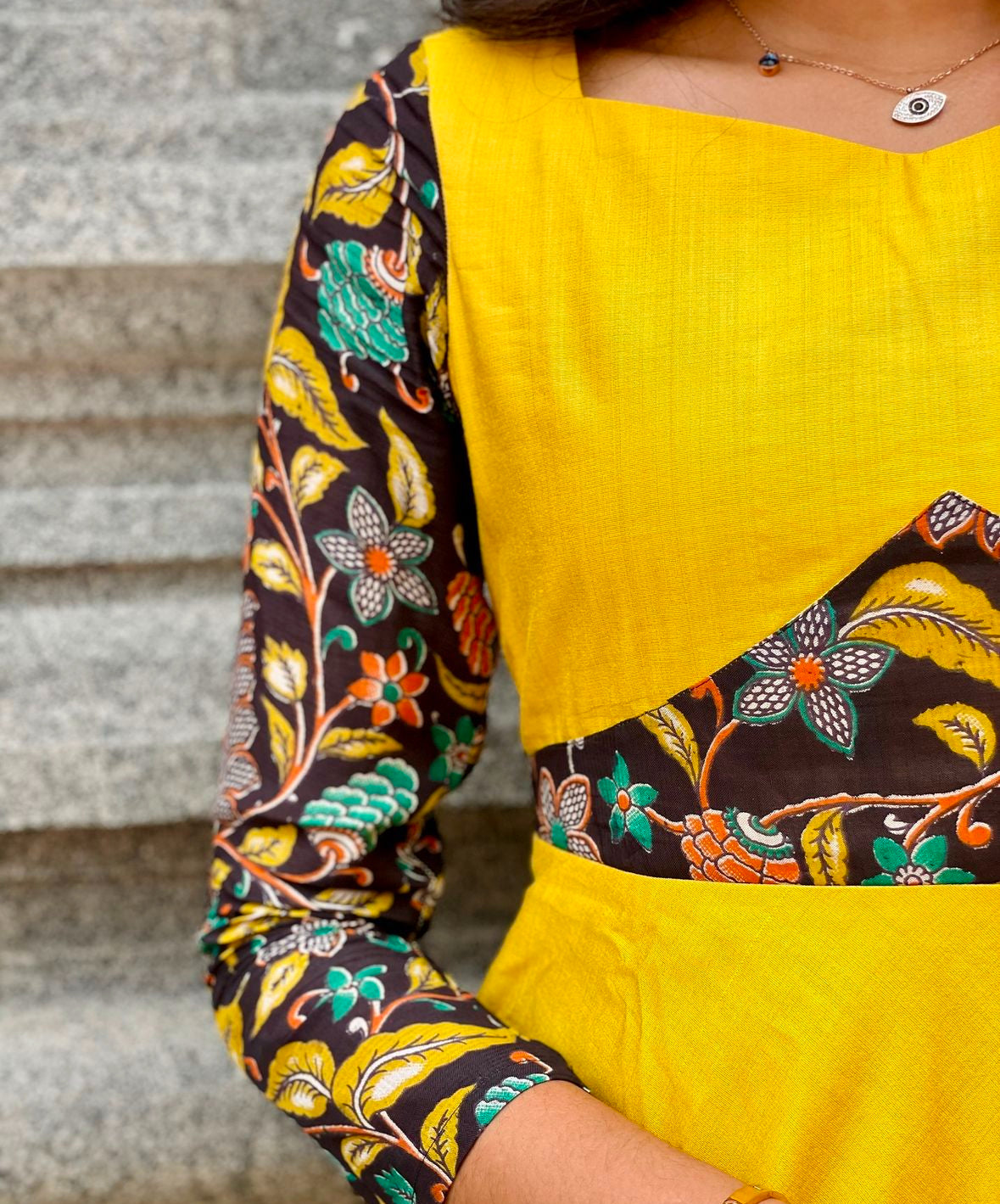 Yellow raw silk gown with black silk kalamkari patch -1161